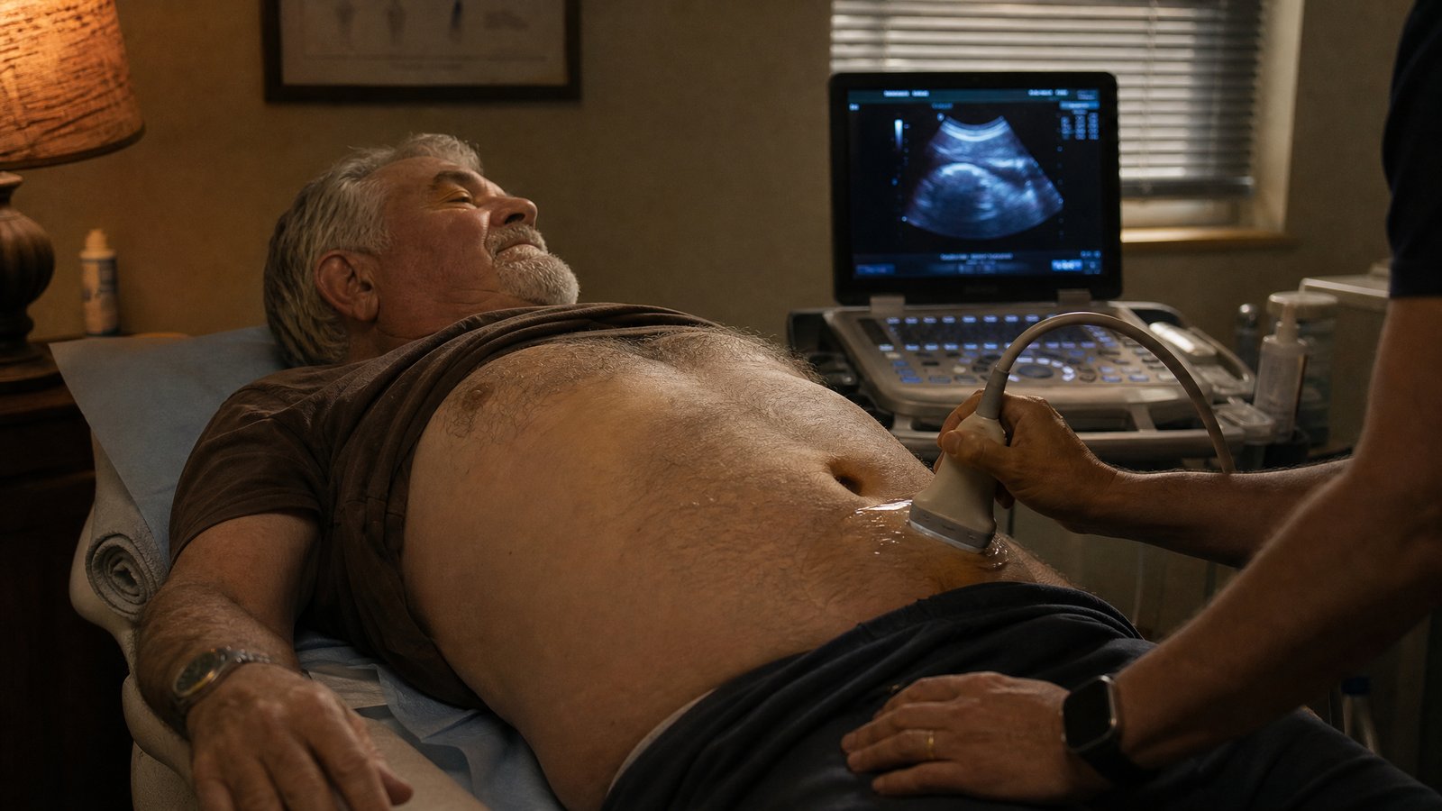 A sonographer moves an ultrasound probe across the lower abdomen of a man in his late sixties lying on a clinic bed, the aorta visible on the screen beside them in warm low light
