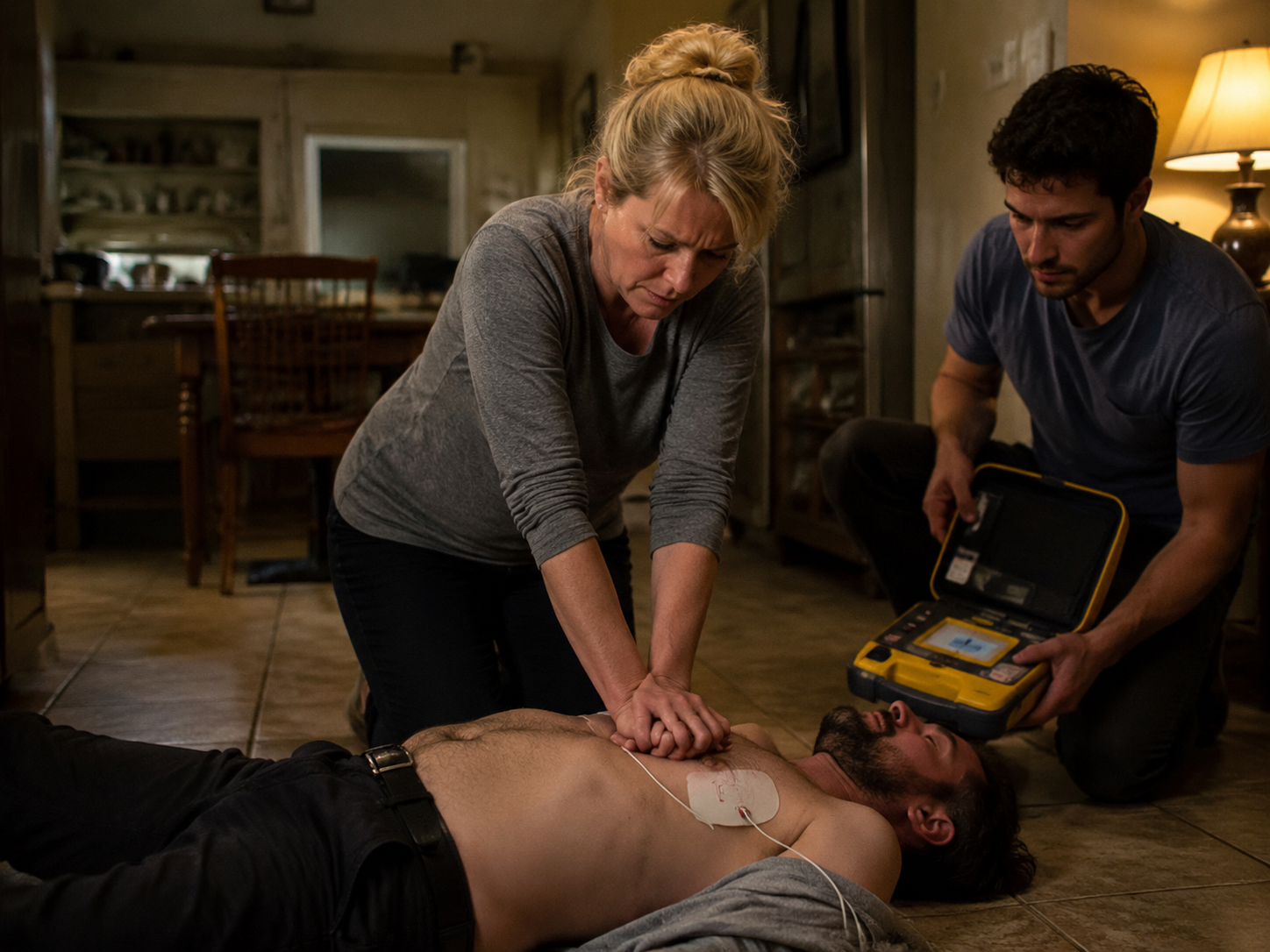Bystander performing CPR compressions while AED is ready