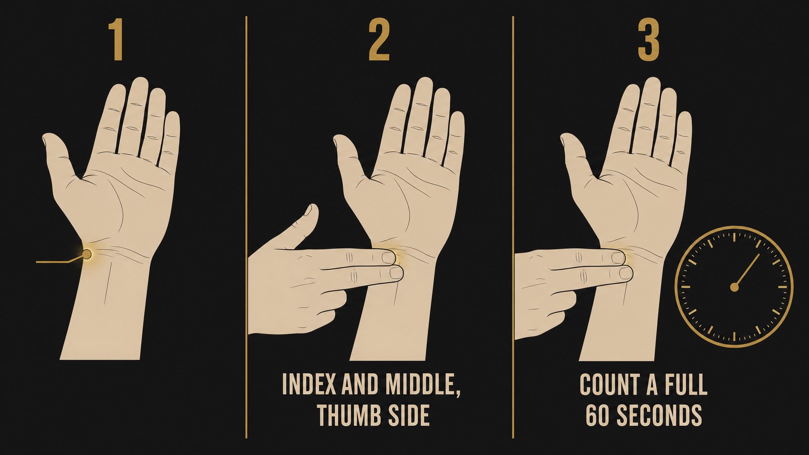 A three-step instructional illustration showing an upturned adult wrist, two fingertips pressed into the radial groove on the thumb side below the crease with the thumb held away, and a watch face marking a sixty second count