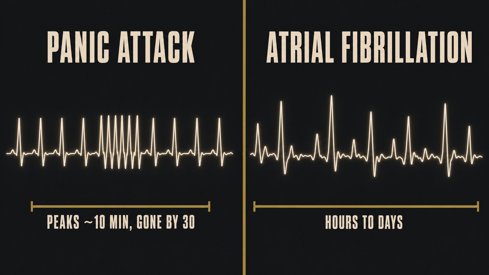 A two-panel comparison diagram showing a smooth evenly spaced heartbeat waveform labeled panic attack peaking in ten minutes beside a chaotic irregular waveform labeled atrial fibrillation lasting hours to days
