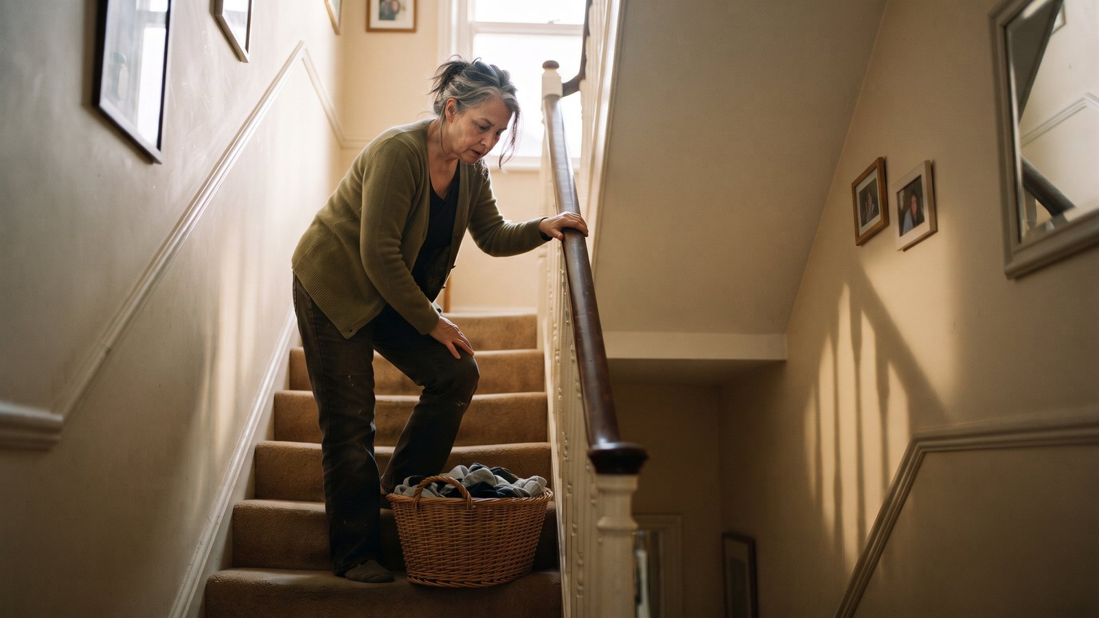A woman in her early sixties has stopped partway up an interior staircase with one hand on the banister and the other braced on her thigh, head lowered as she catches her breath in late afternoon light