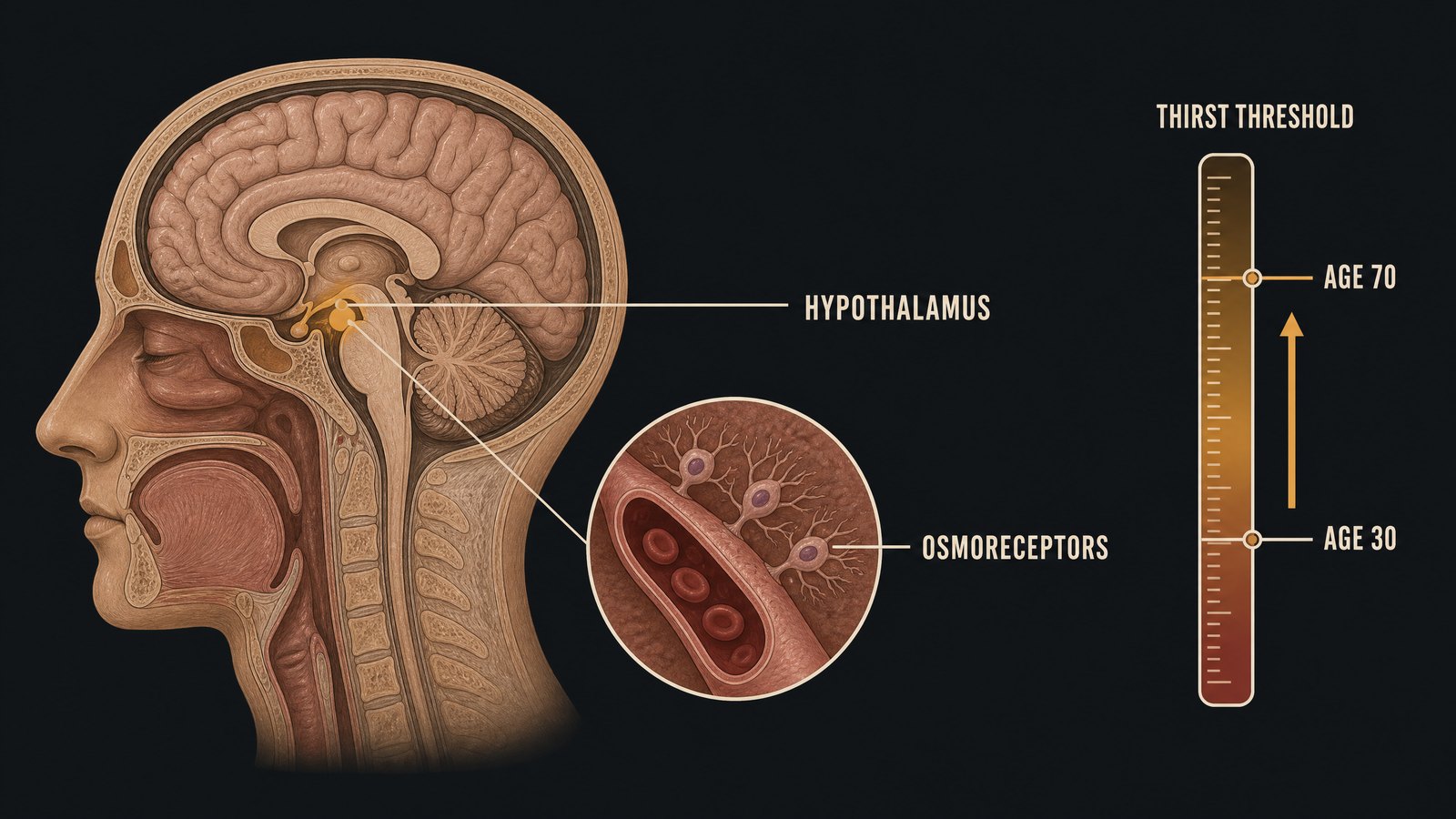 Labelled medical illustration of the hypothalamus and its osmoreceptors showing how the thirst threshold shifts higher with age