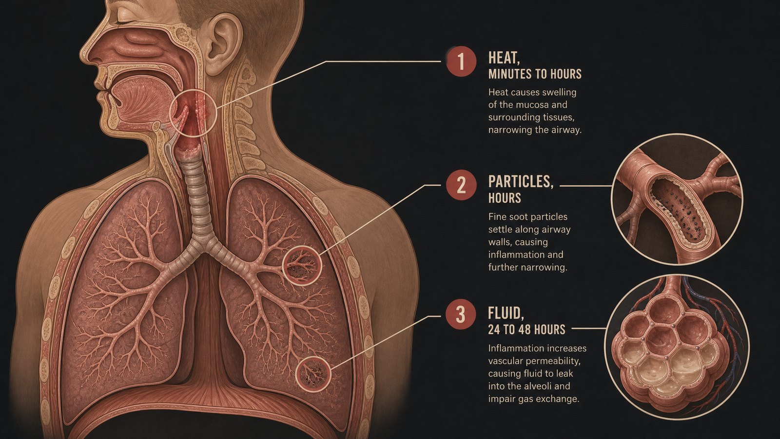 Labeled anatomical illustration of the human airway and lungs showing three injury zones, heat causing swelling in the throat, soot particles settling in the small airways, and fluid filling the alveoli, with a time label indicating the delayed onset