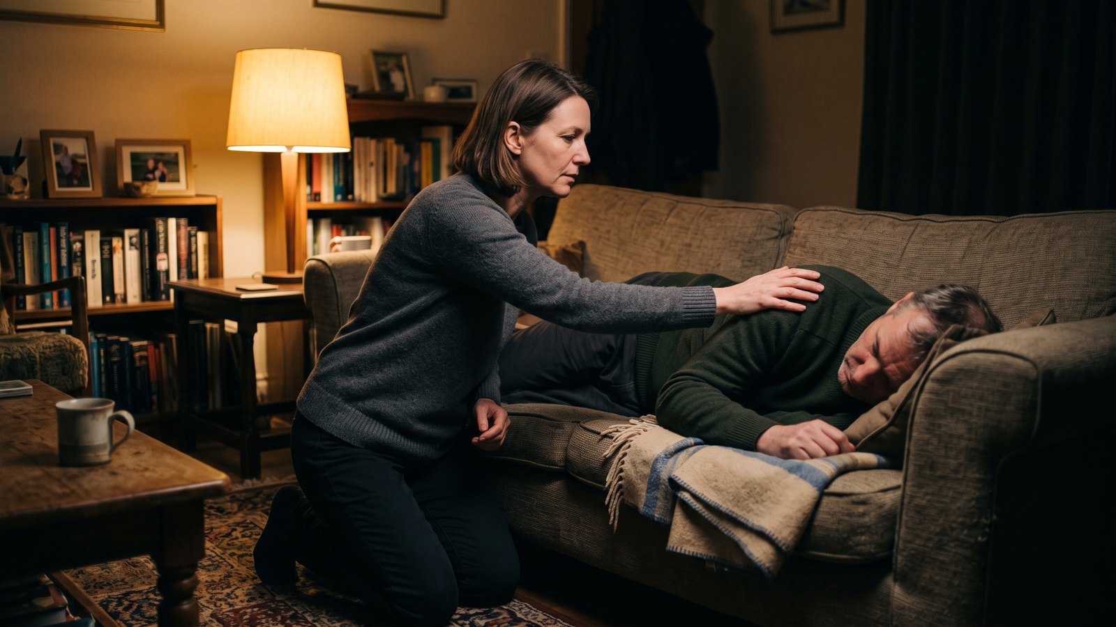 A woman kneels beside an unresponsive adult man lying on his side on a couch, one hand on his shoulder, watching his chest to count breaths
