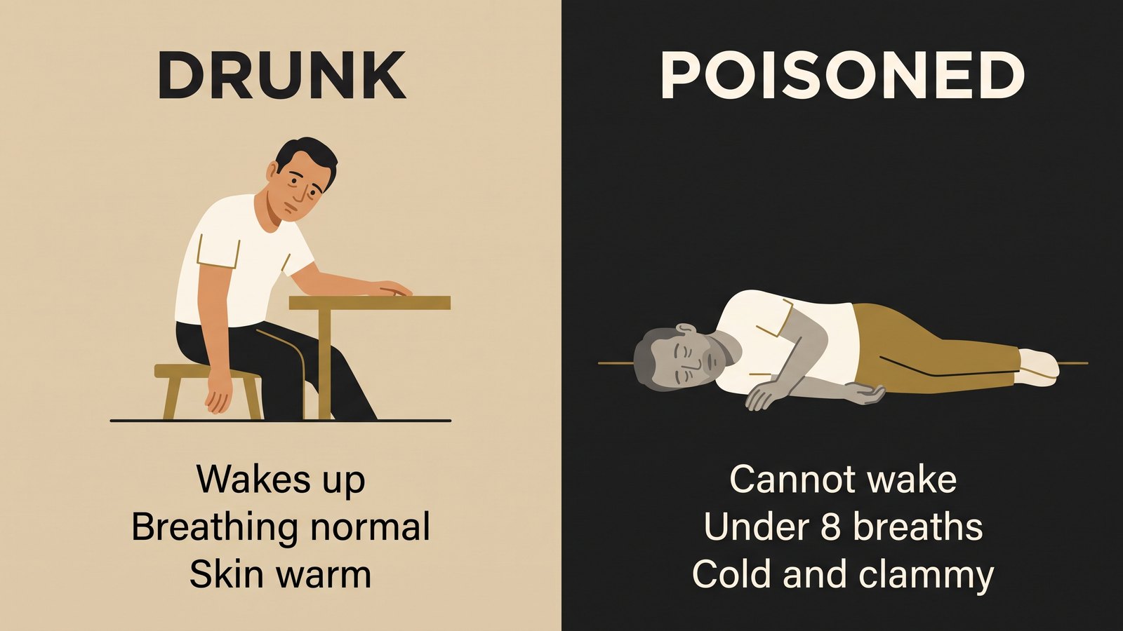 Two-panel comparison showing a rousable intoxicated adult on the left and an unresponsive adult with slow breathing and pale skin on the right