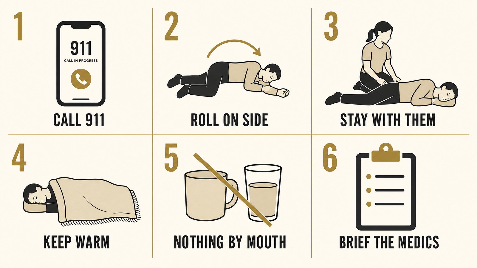Flat vector infographic showing six response steps: call 911, roll onto side, stay with them, keep warm, nothing by mouth, brief the medics
