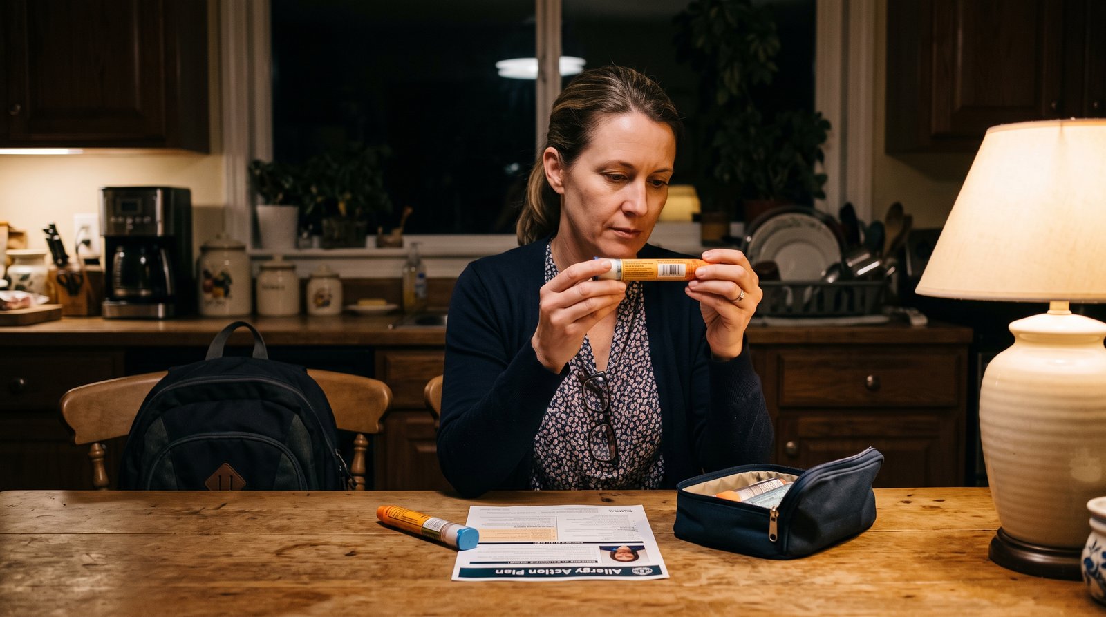 Mother in her forties at a wooden kitchen table checking the expiration date on two epinephrine auto-injectors beside a written allergy action plan and a school backpack, evening lamplight