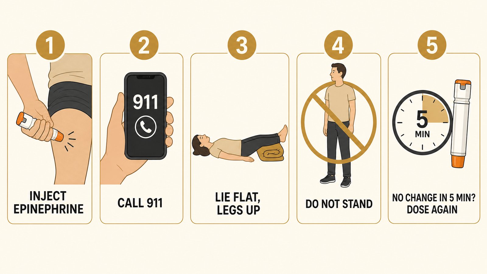 Flat illustration infographic showing five anaphylaxis first aid steps: inject epinephrine into the outer thigh, call 911, lay the person flat with legs raised, keep them from standing, give a second dose after five minutes if no improvement