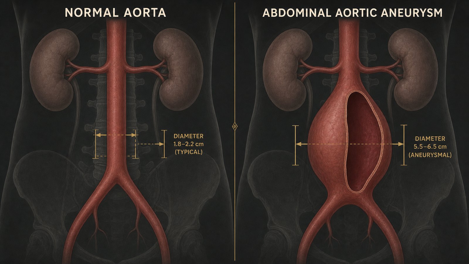 Labeled medical illustration comparing a healthy abdominal aorta with a normal one-inch diameter to an aorta with a balloon-like aneurysm bulge below the kidneys