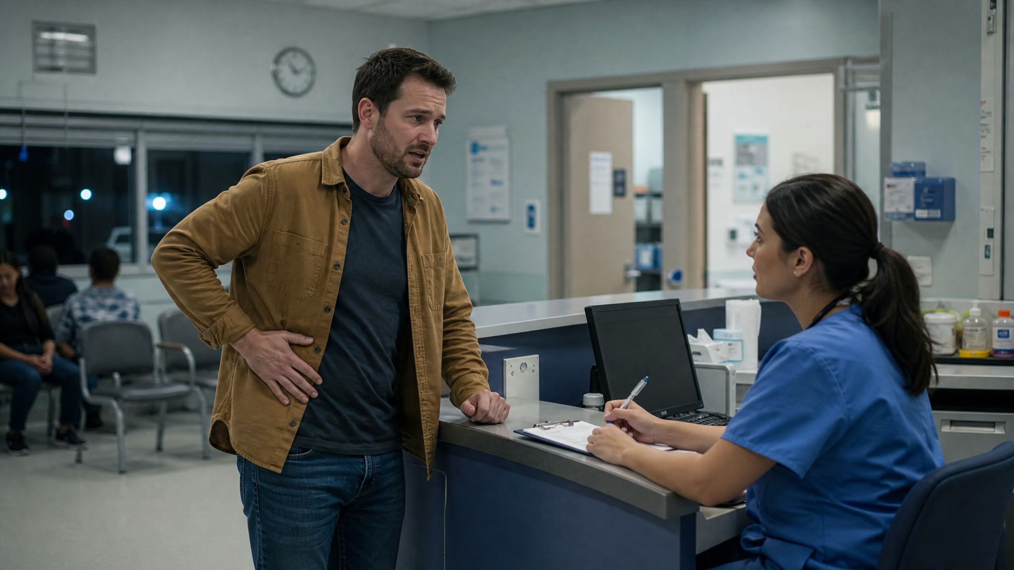 A man clutching his side speaks with a triage nurse at an emergency room check-in desk at night