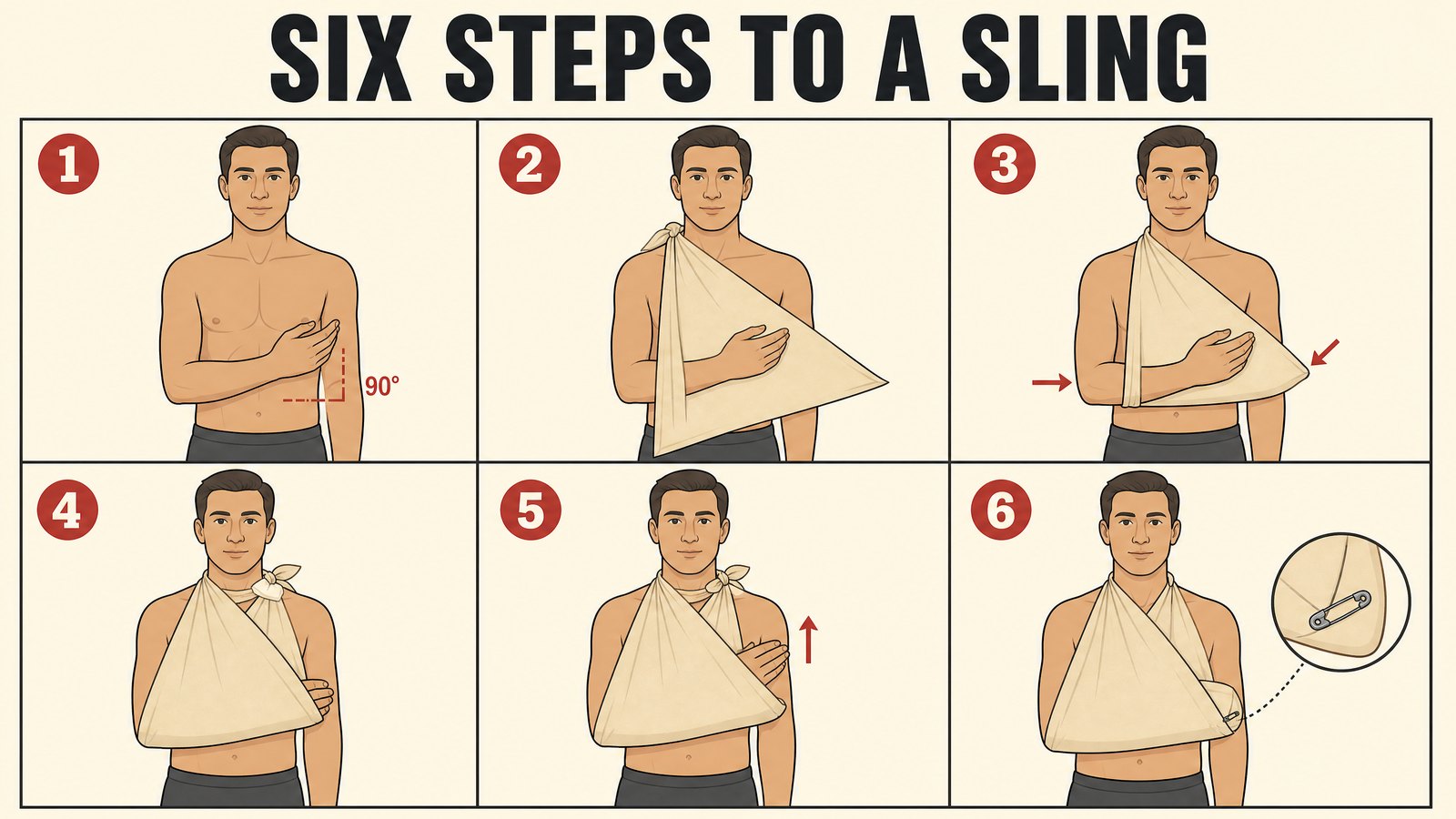 Six-panel instructional diagram showing a triangular bandage arm sling applied step by step, from positioning the forearm to pinning the elbow