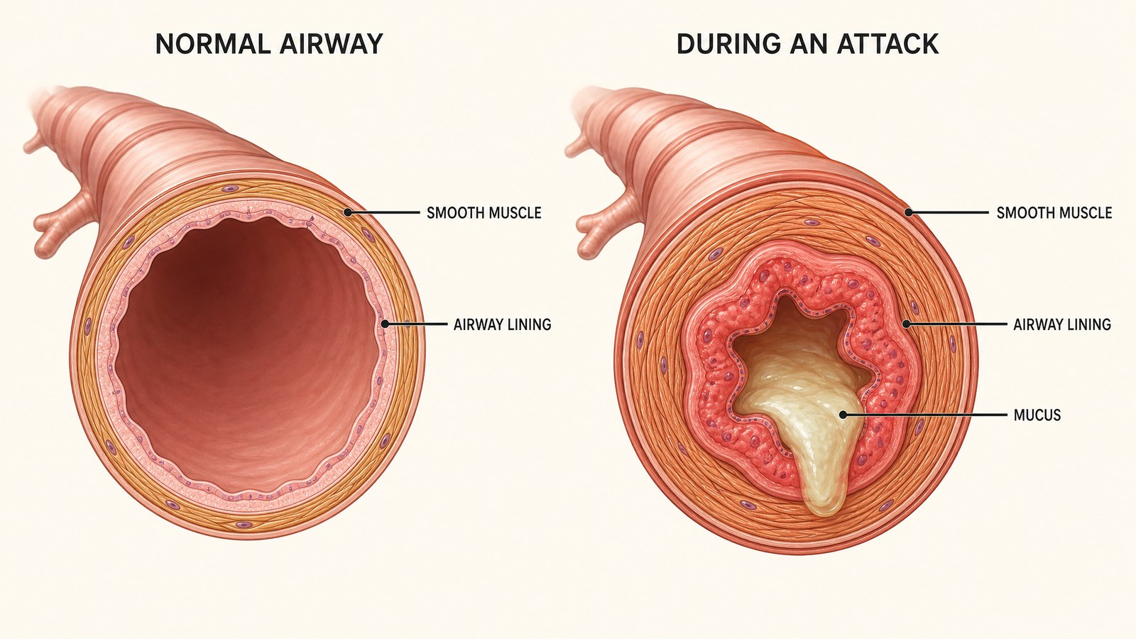 Labeled medical illustration comparing a cross-section of a normal bronchial airway with a constricted asthmatic airway showing tightened smooth muscle, swollen lining and thick mucus