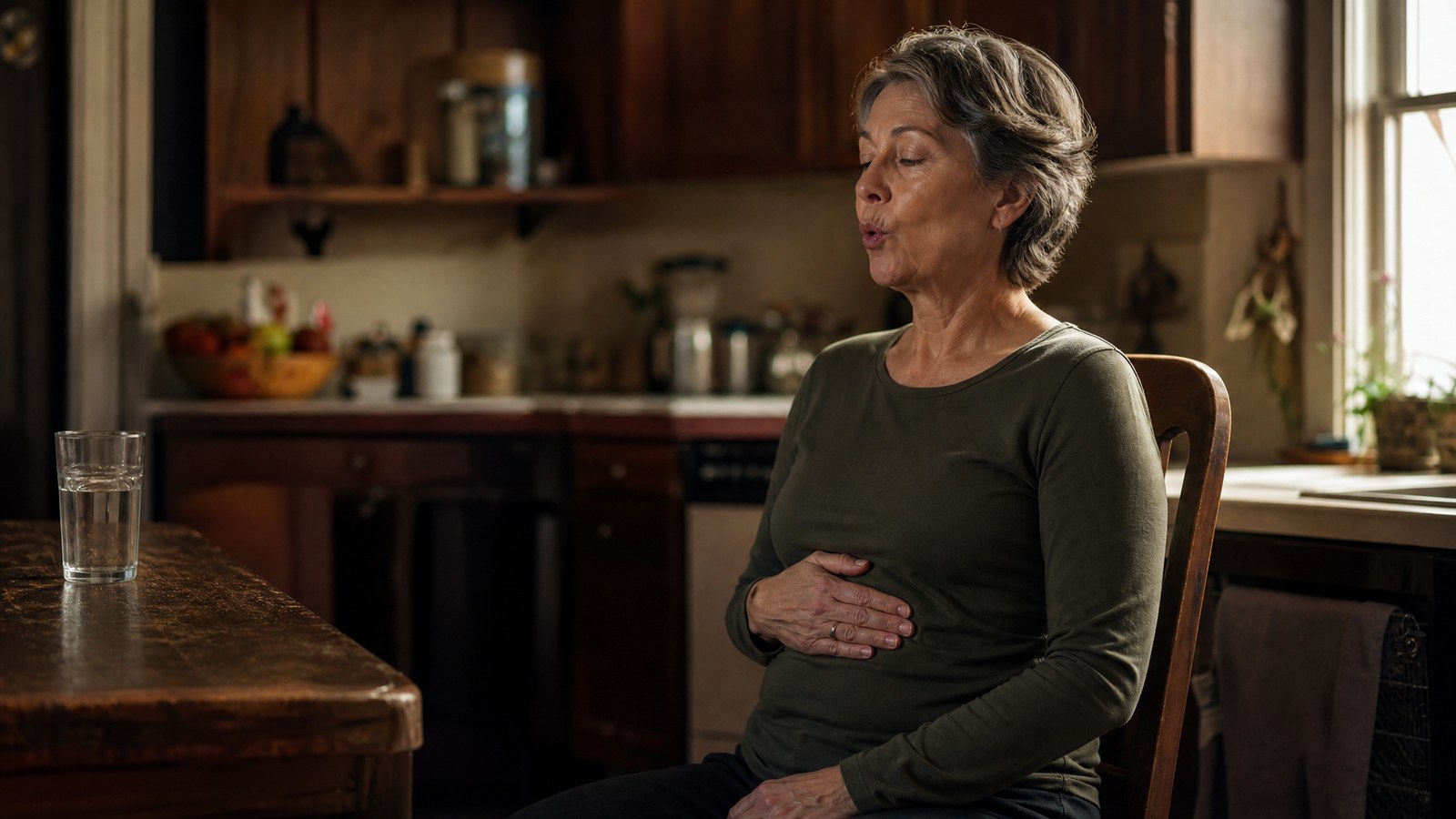 A woman in her fifties sits upright on a kitchen chair with one hand flat on her stomach, lips pursed on a long slow exhale, in warm low afternoon light