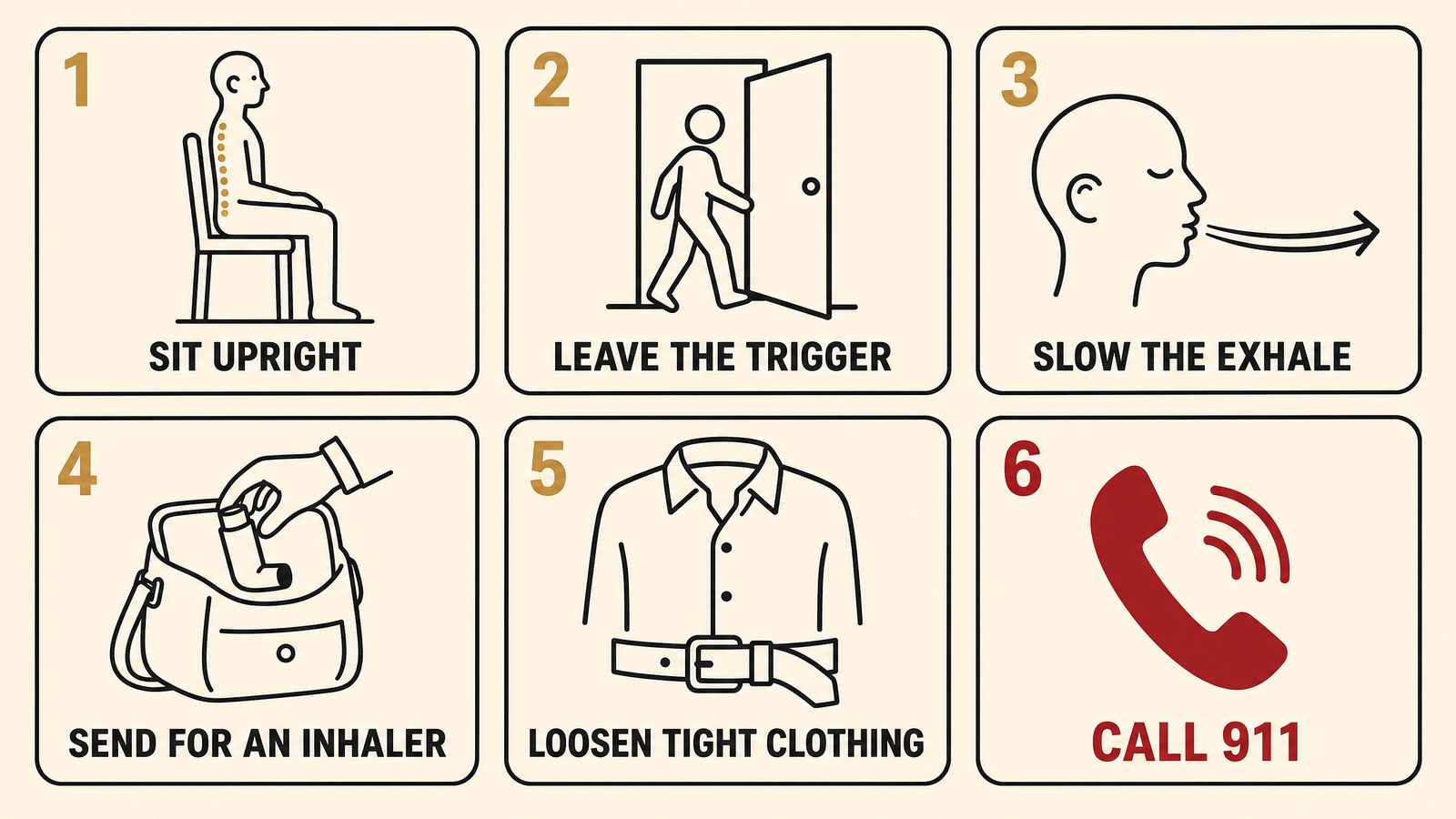 Flat vector infographic showing six response steps for an asthma attack with no inhaler: sit upright, leave the trigger, slow the exhale, send someone for a backup inhaler, loosen tight clothing, call 911