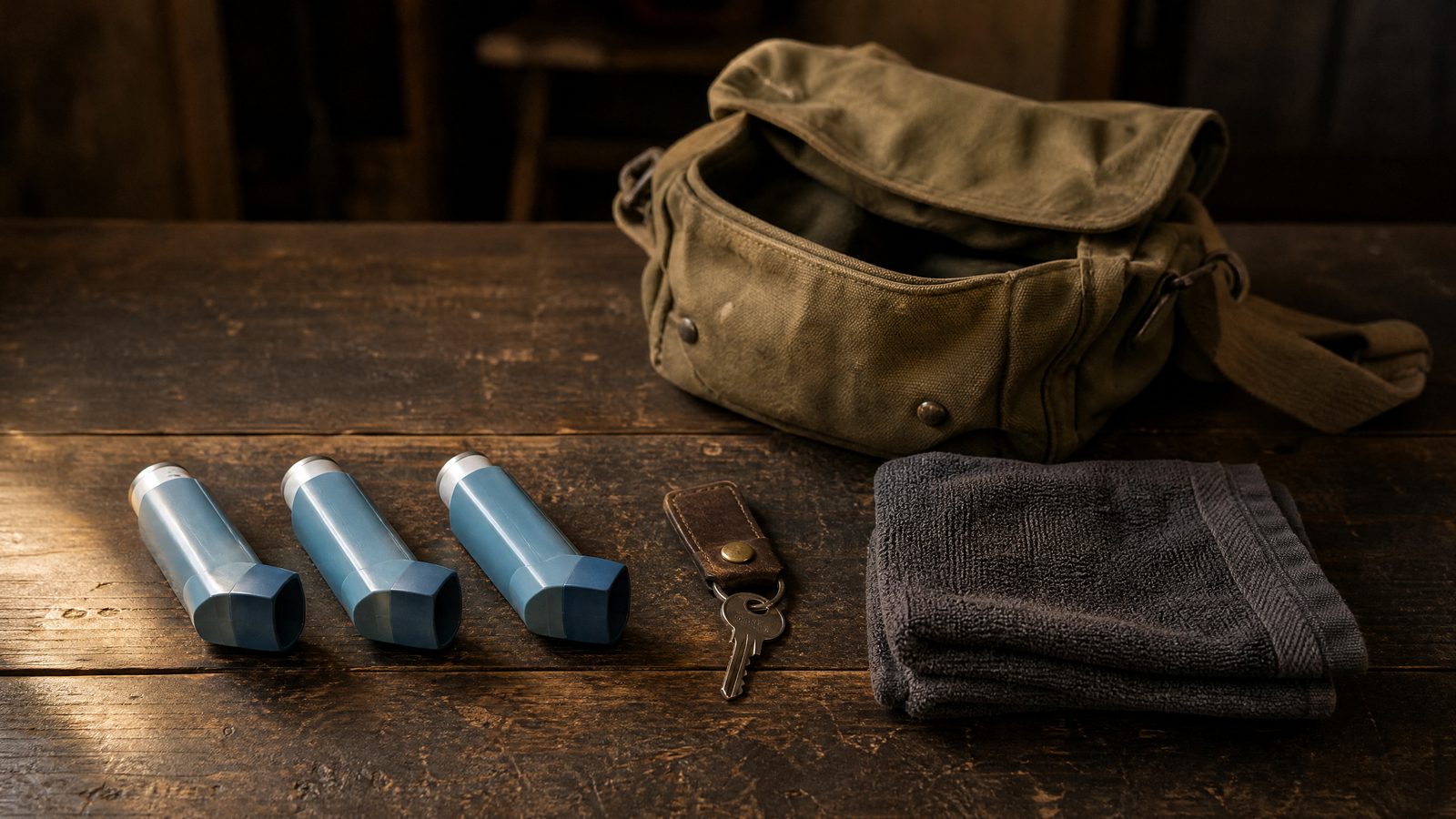 Three rescue inhalers laid out on a worn wooden table beside a car key, a canvas work bag and a gym towel, warm low side light