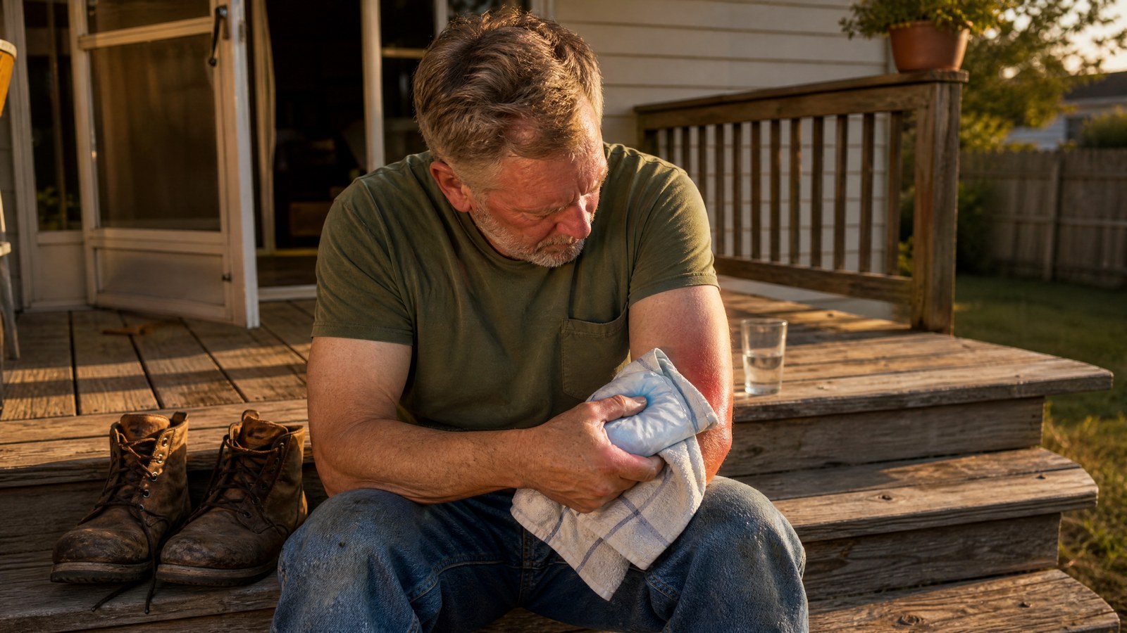 An adult sitting on a wooden porch step in warm evening light, holding a cold compress against a swollen forearm after a sting