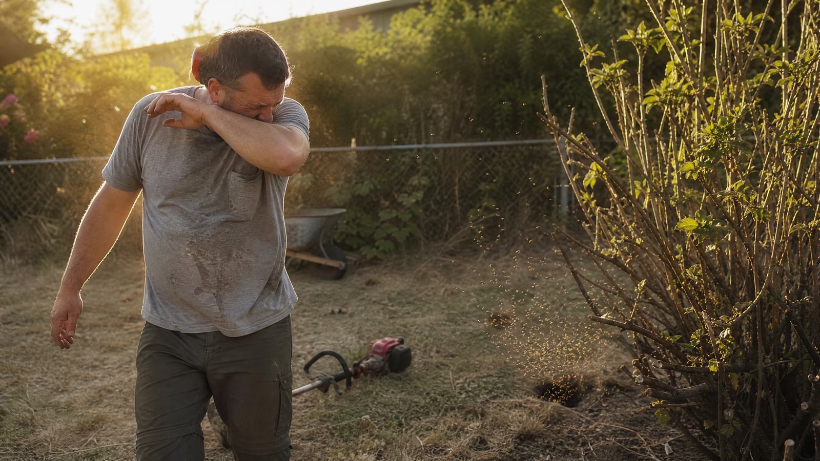 An adult in work clothes stepping back from a string trimmer left on the lawn beside a disturbed ground nest in the grass, late summer afternoon light