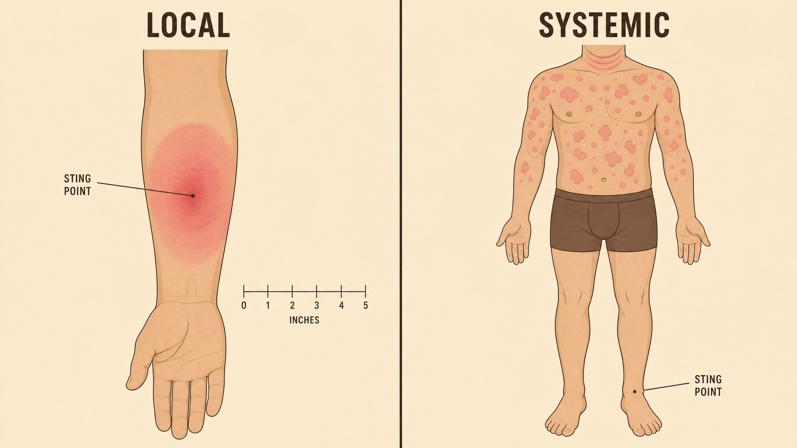 Two-panel medical comparison illustration: on the left a large local reaction with swelling and redness spreading around a single sting on an adult forearm, on the right hives appearing across the chest and back far from the sting site