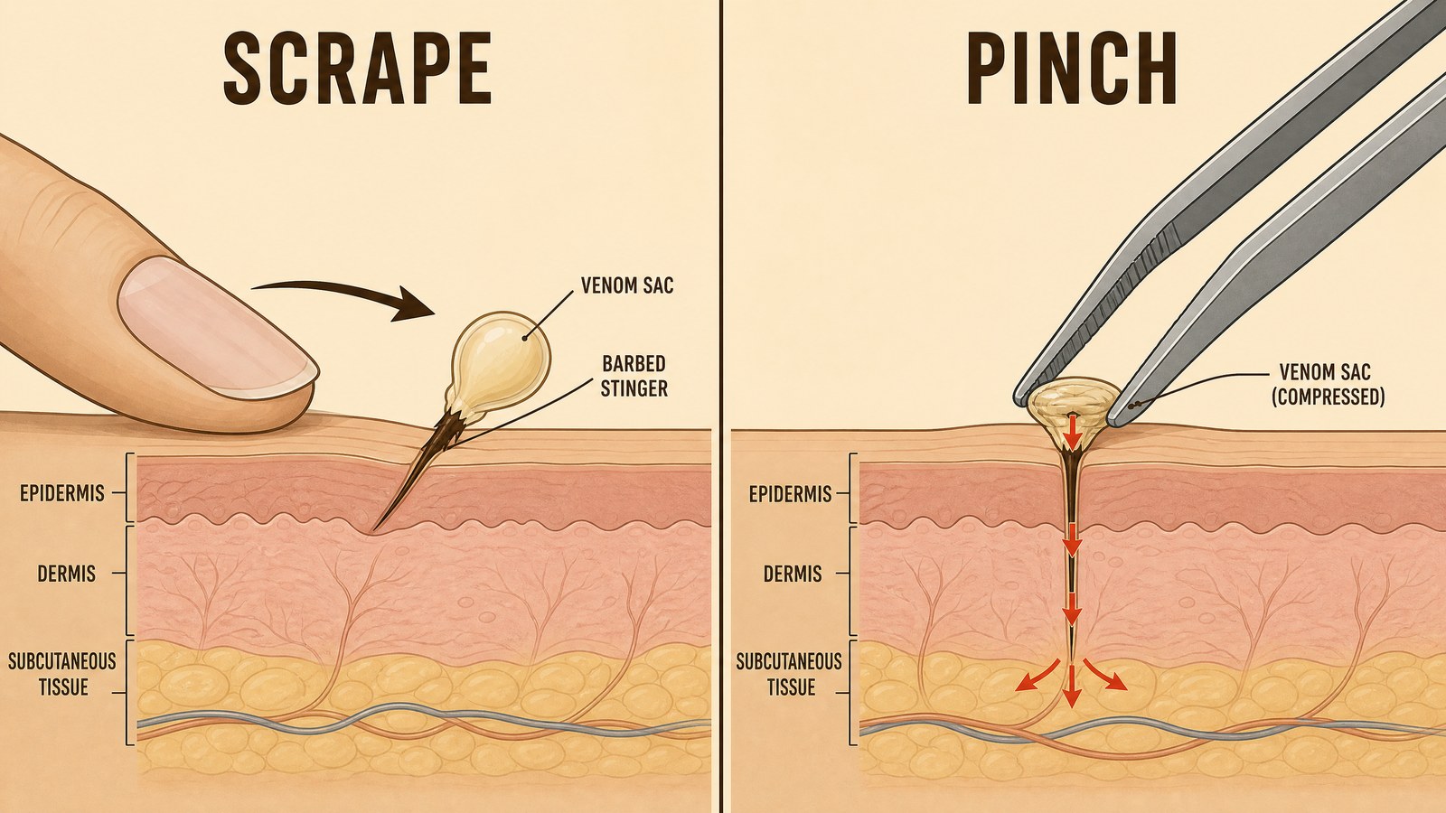 Two-panel medical illustration comparing stinger removal methods: a fingernail scraping sideways across the skin to flick the stinger out, and tweezers pinching the venom sac and pushing more venom into the skin