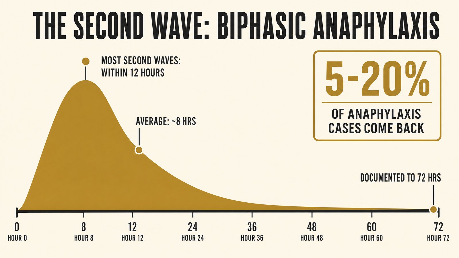 Data visualization timeline chart showing biphasic anaphylaxis: second reactions occur in 5 to 20 percent of cases, most within 12 hours of the first wave, average around 8 hours, documented as far out as 72 hours
