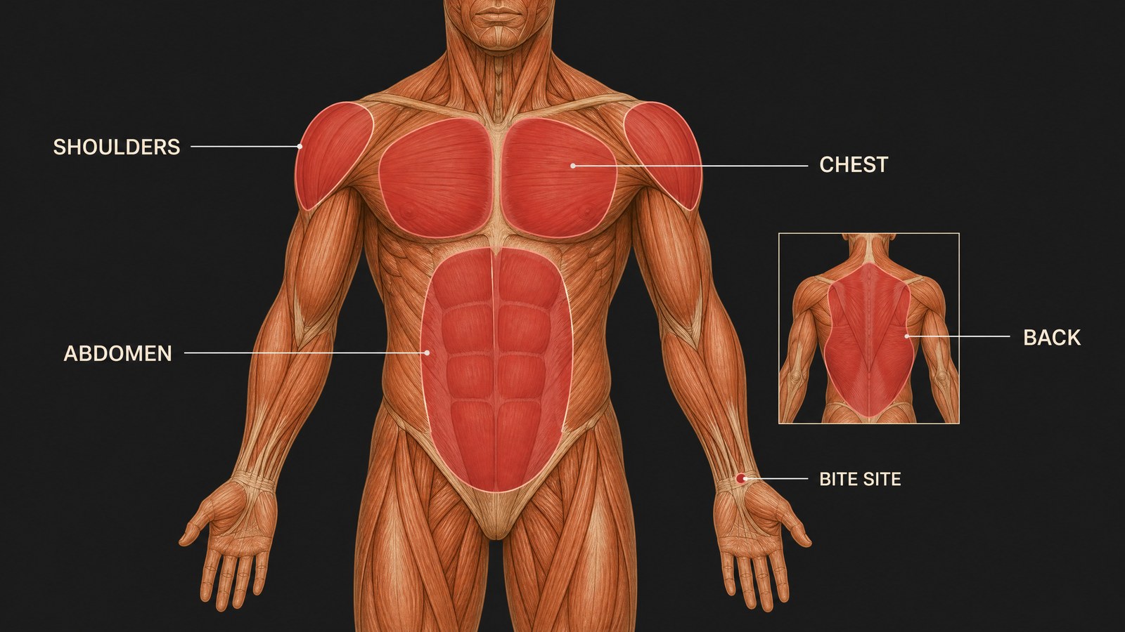 Labeled anatomical illustration of an adult torso showing where black widow bite cramping and rigidity appear: abdomen, chest, shoulders and back