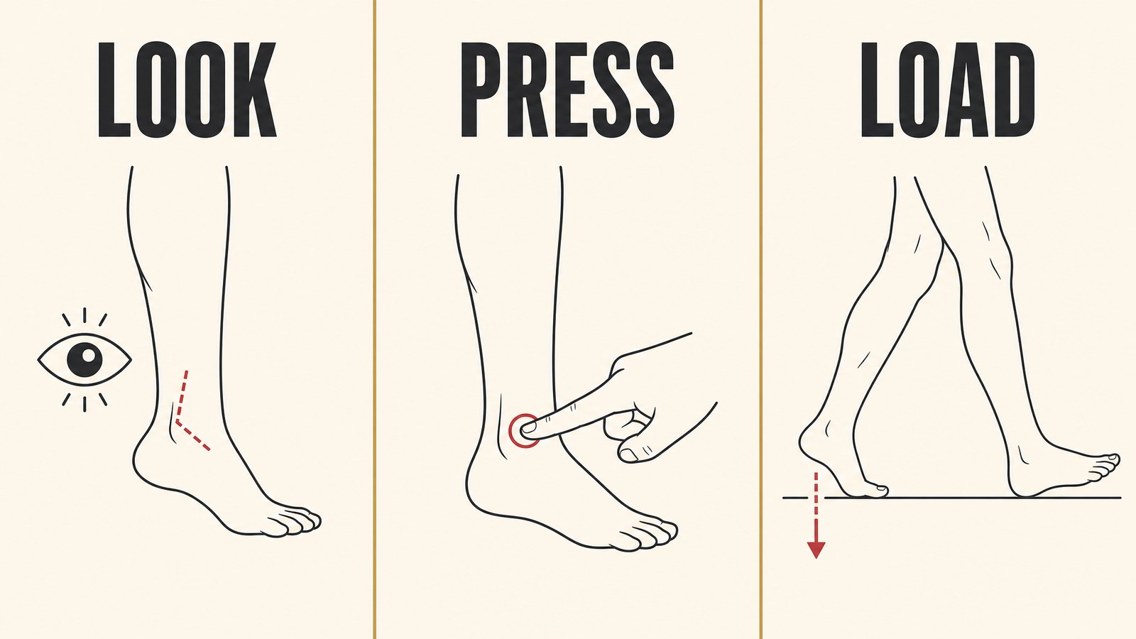 Three-panel infographic labeled Look, Press and Load showing an ankle examined for deformity, point tenderness and weight-bearing