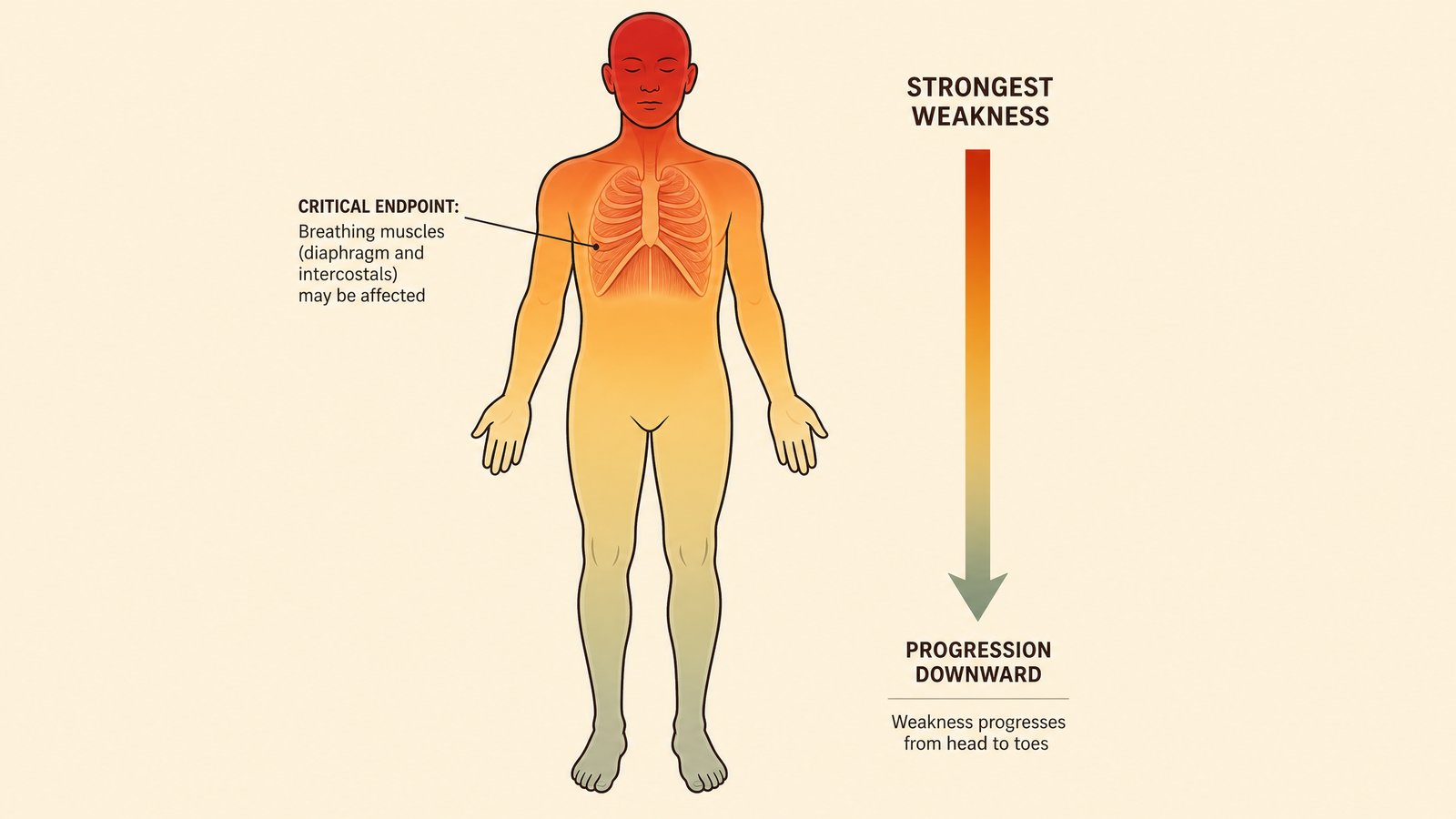 Anatomical illustration of a human body silhouette showing weakness intensity strongest at the face and throat and fading down through the arms and legs, with a downward arrow toward the chest indicating the direction of progression