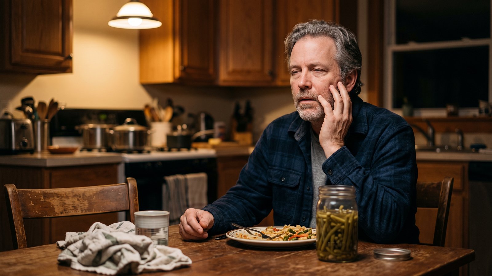 A man sitting at a kitchen table in the evening, one hand pressed lightly to his face, squinting as if his vision is blurred, a jar of home-canned vegetables on the table nearby