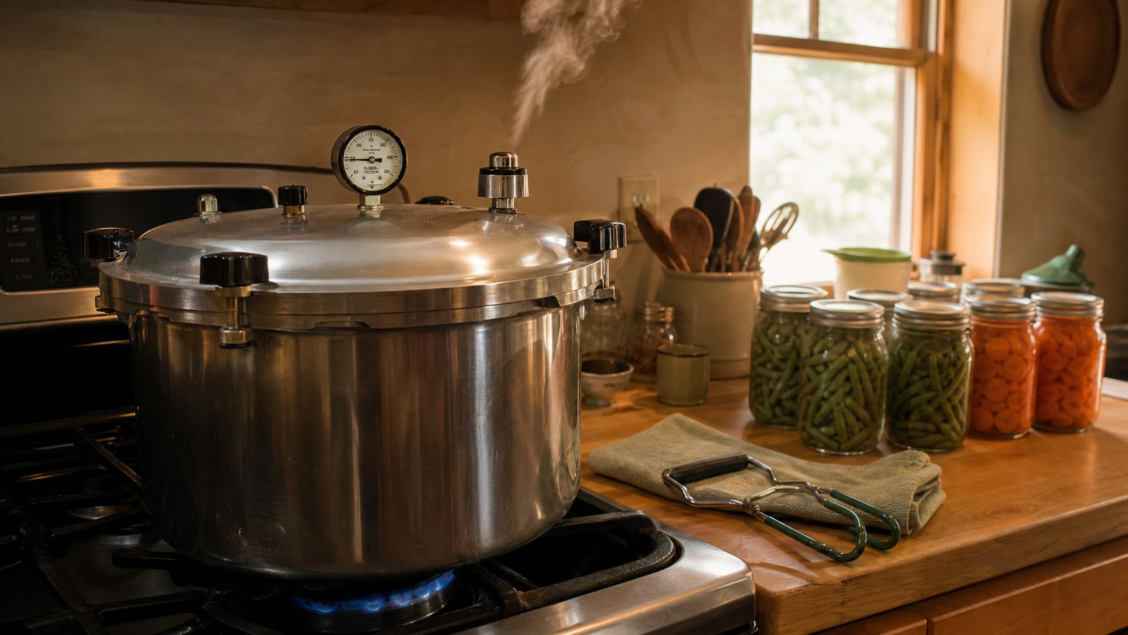 A stovetop pressure canner in active use with steam venting from the pressure regulator, jars of home-canned green beans and carrots staged nearby on a kitchen counter