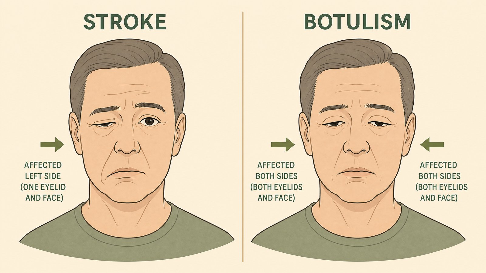 Two-panel diagram comparing facial symptom patterns, left panel labeled Stroke showing weakness on one side of the face only, right panel labeled Botulism showing symmetric drooping on both sides