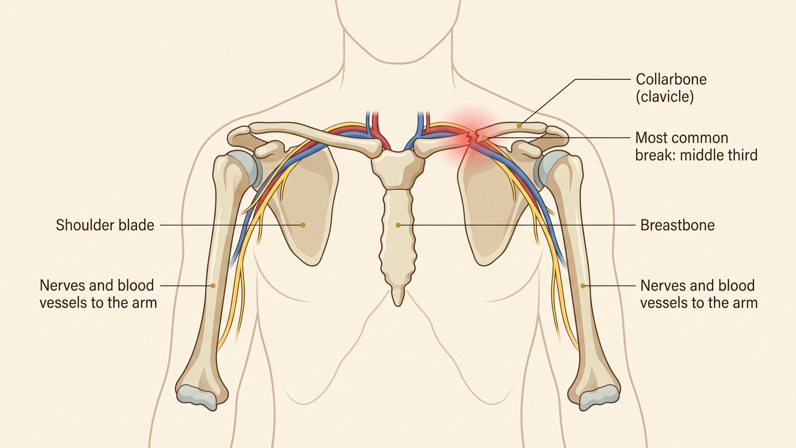 Labeled anatomical illustration of the shoulder girdle showing the clavicle running from the breastbone to the tip of the shoulder, with a break in the middle third and the nerves and blood vessels that run beneath it