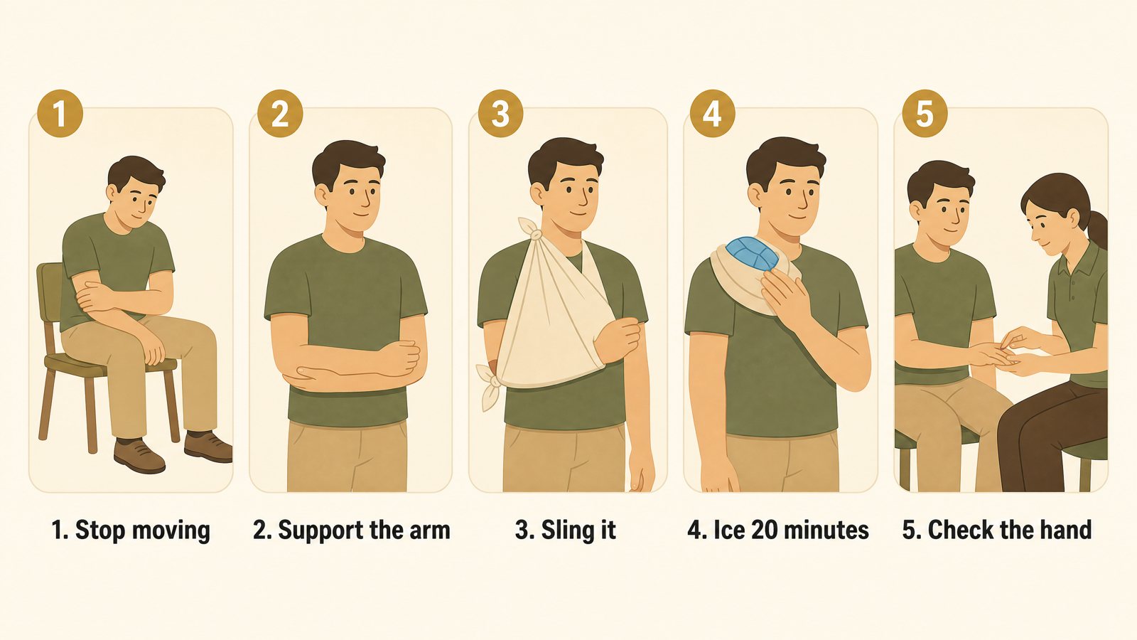 Flat illustration infographic showing broken collarbone first aid steps: stop the activity, support the arm in a sling with elbow bent, ice wrapped in a towel, check the hand, get an X-ray