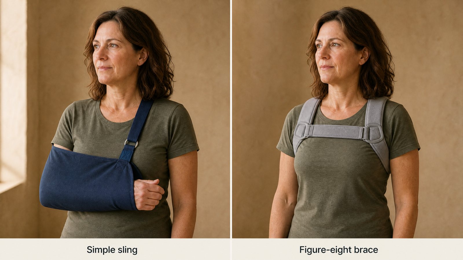 Side-by-side comparison of a simple arm sling holding the forearm across the body versus an older figure-eight brace looping around both shoulders