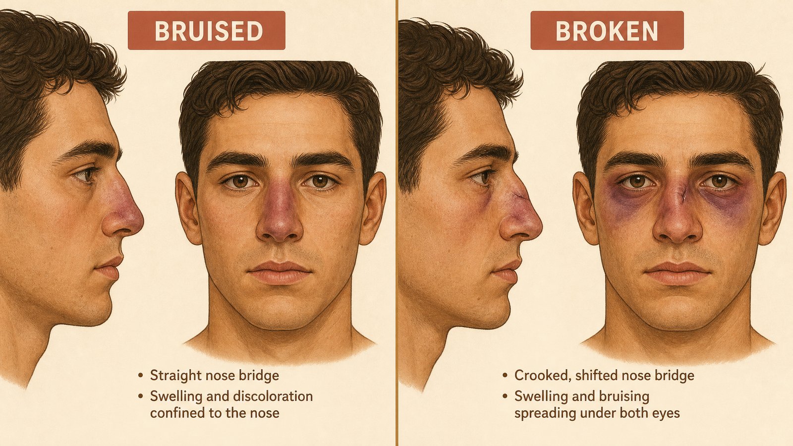 A two-panel side-by-side comparison illustration showing a straight but swollen and bruised nose on one side and a visibly crooked, deformed broken nose on the other