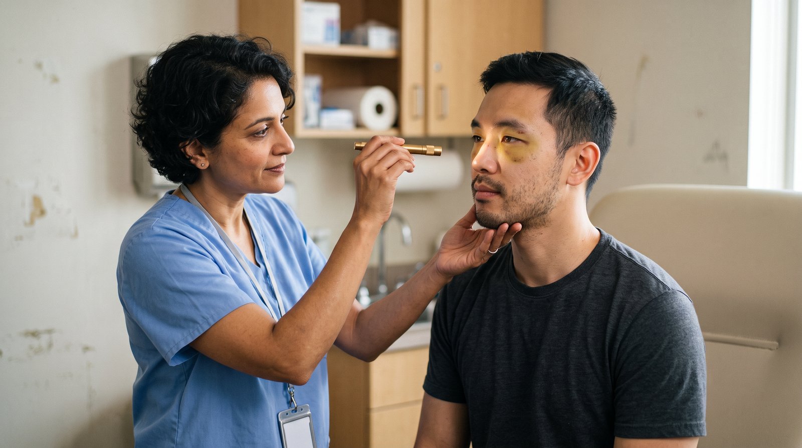 A doctor in an urgent care exam room gently examining a patient's nose with a penlight, the patient sitting upright with mild bruising visible around the eyes