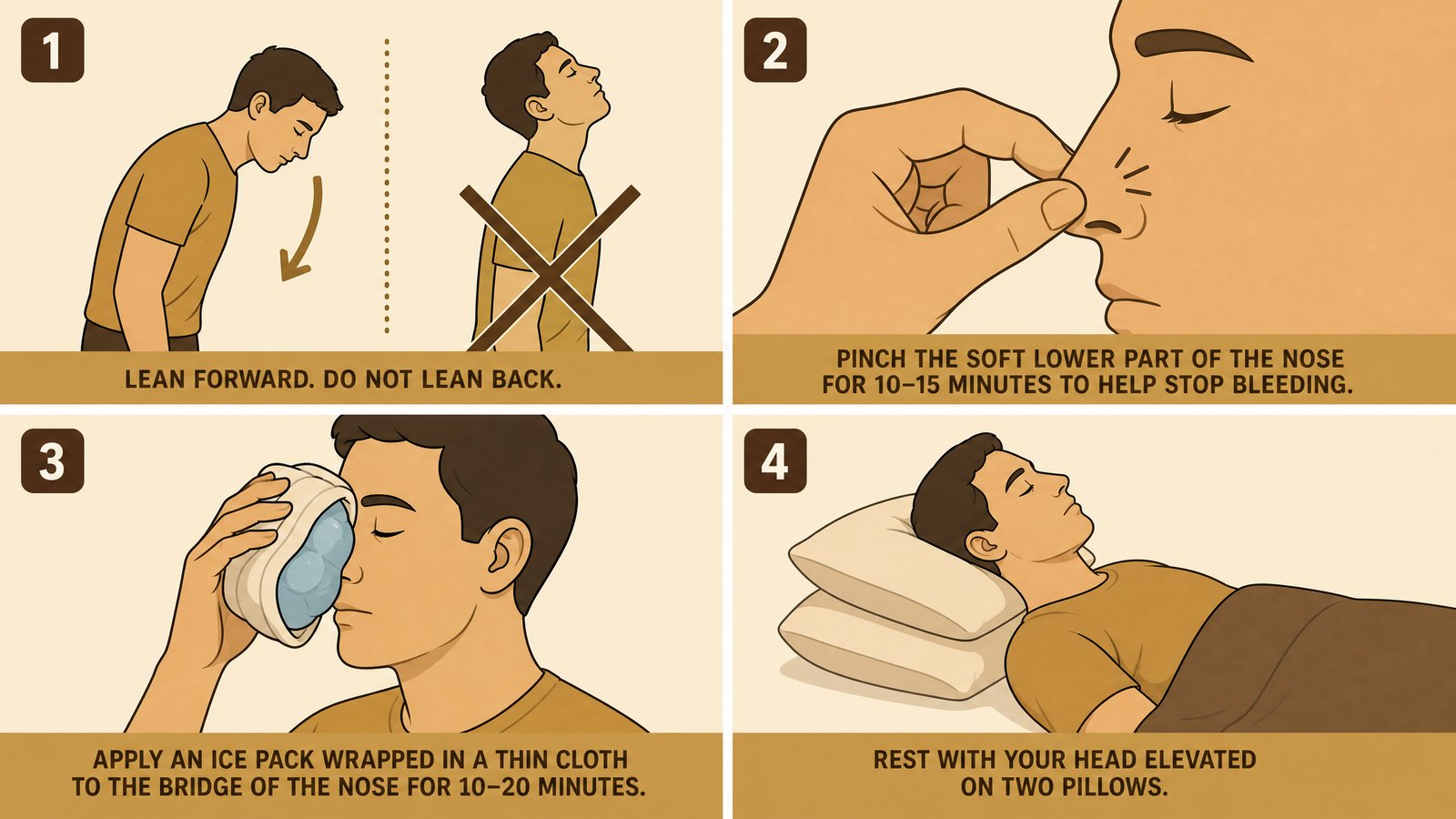 A four-panel illustration showing broken nose first aid: leaning forward instead of back, pinching the soft part of the nose, applying an ice pack, and elevating the head while resting