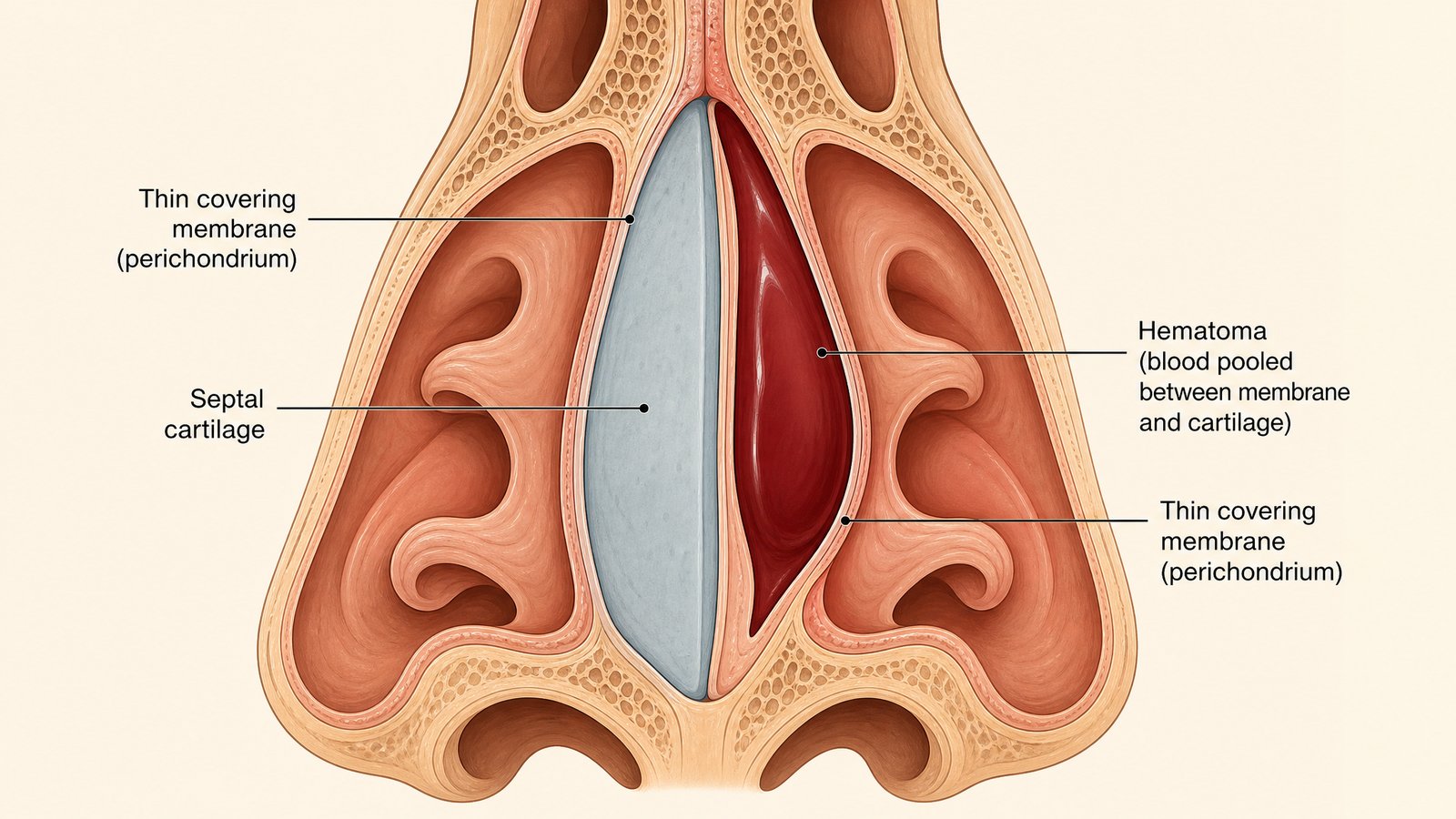 A labeled anatomical cross-section illustration of the nasal septum showing cartilage, the thin covering membrane, and a pocket of pooled blood between them representing a septal hematoma