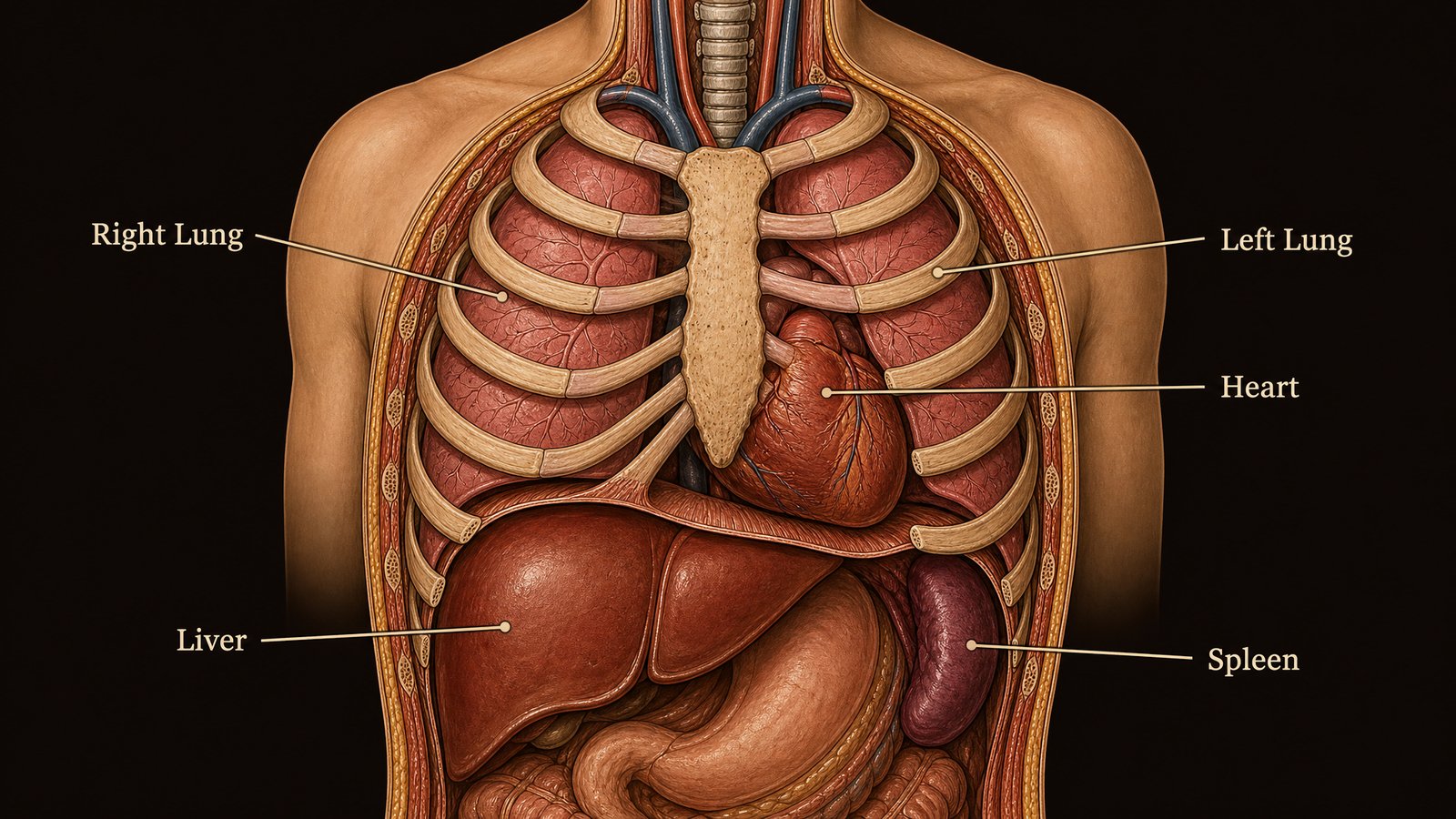 A labeled anatomical illustration of the ribcage showing the position of the lungs, heart, liver, and spleen behind the ribs