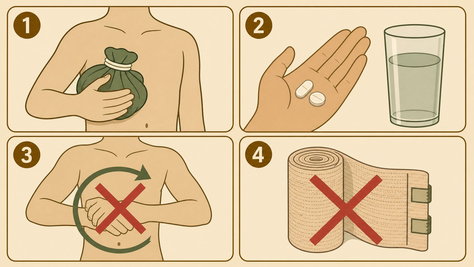 A four-panel illustration showing the first-hour steps for a broken rib: ice the area, take pain medication, avoid twisting or pressing on it, and skip a tight wrap