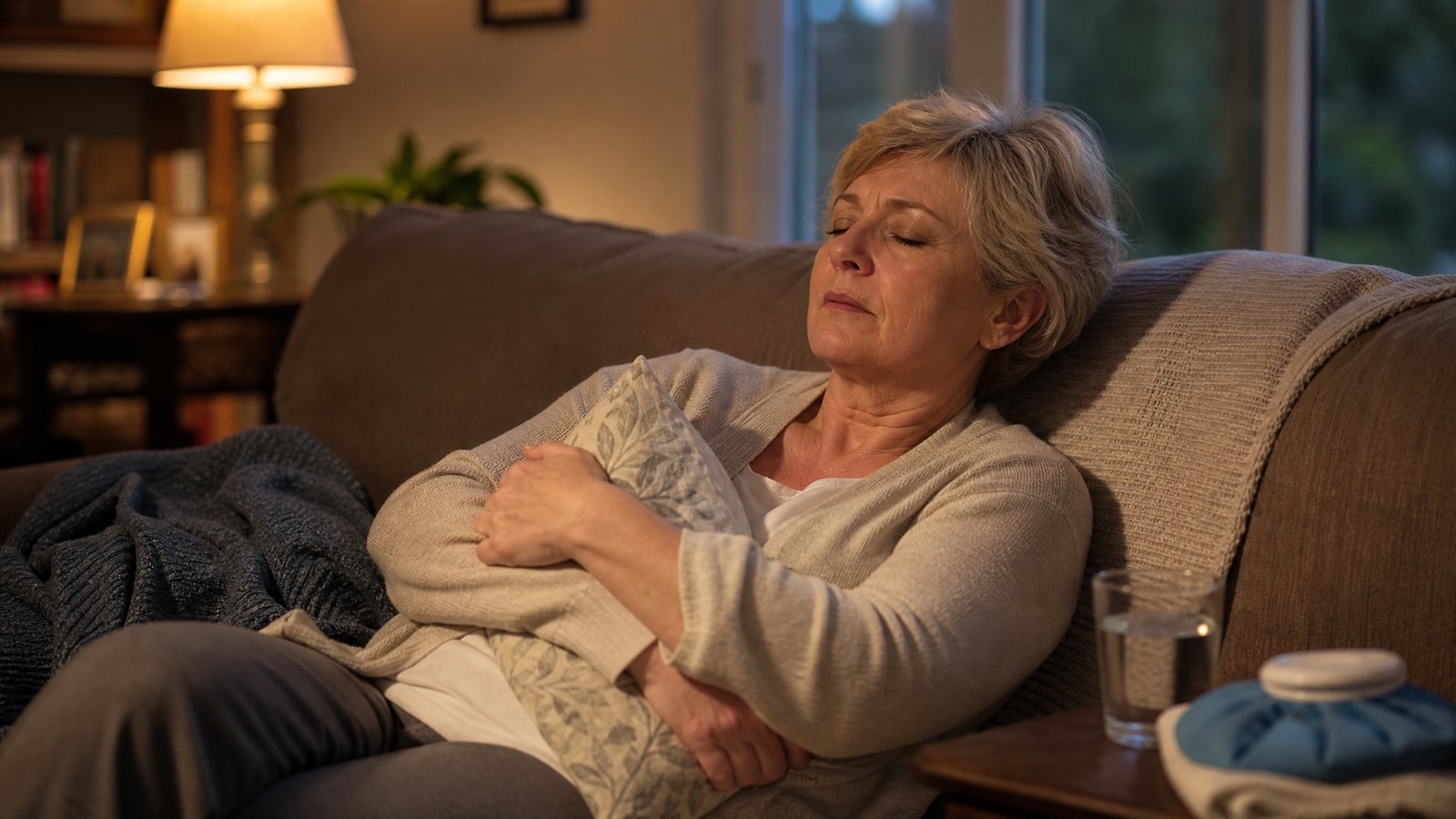 A woman in her 60s reclines on a living room couch, holding a pillow against her ribs, with an ice pack and a glass of water on a nearby side table