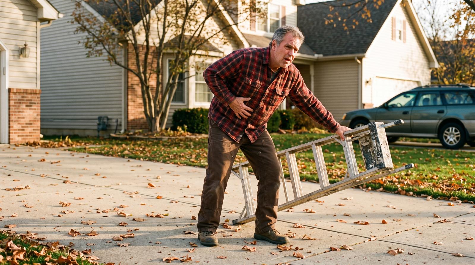 A man in his 50s stands in a driveway near a fallen step ladder, pressing one hand against his side ribs after a fall