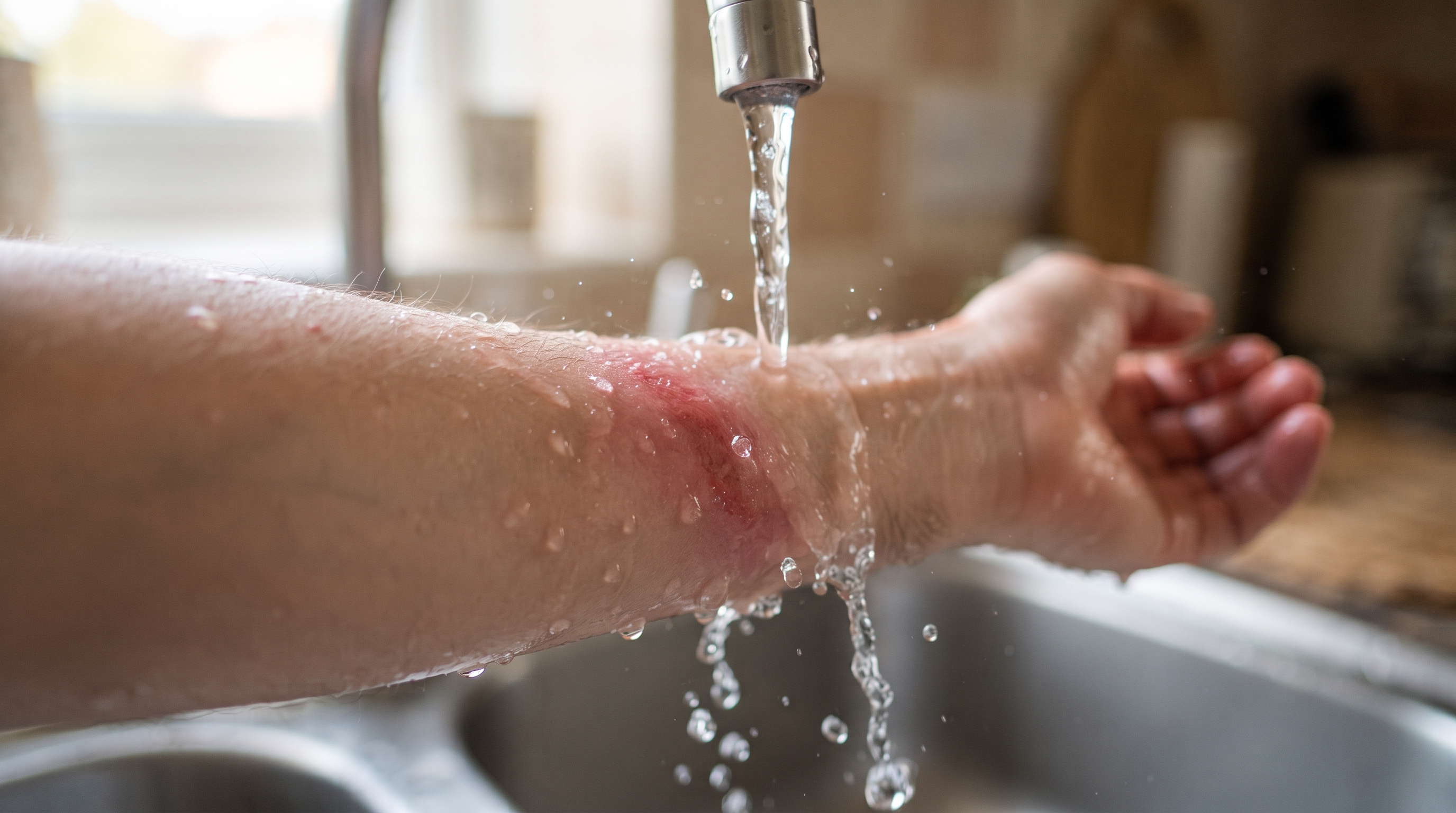 Close-up of a forearm with a red burn held under a steady stream of cool running water at a kitchen tap, water splashing gently off the skin, warm daylight