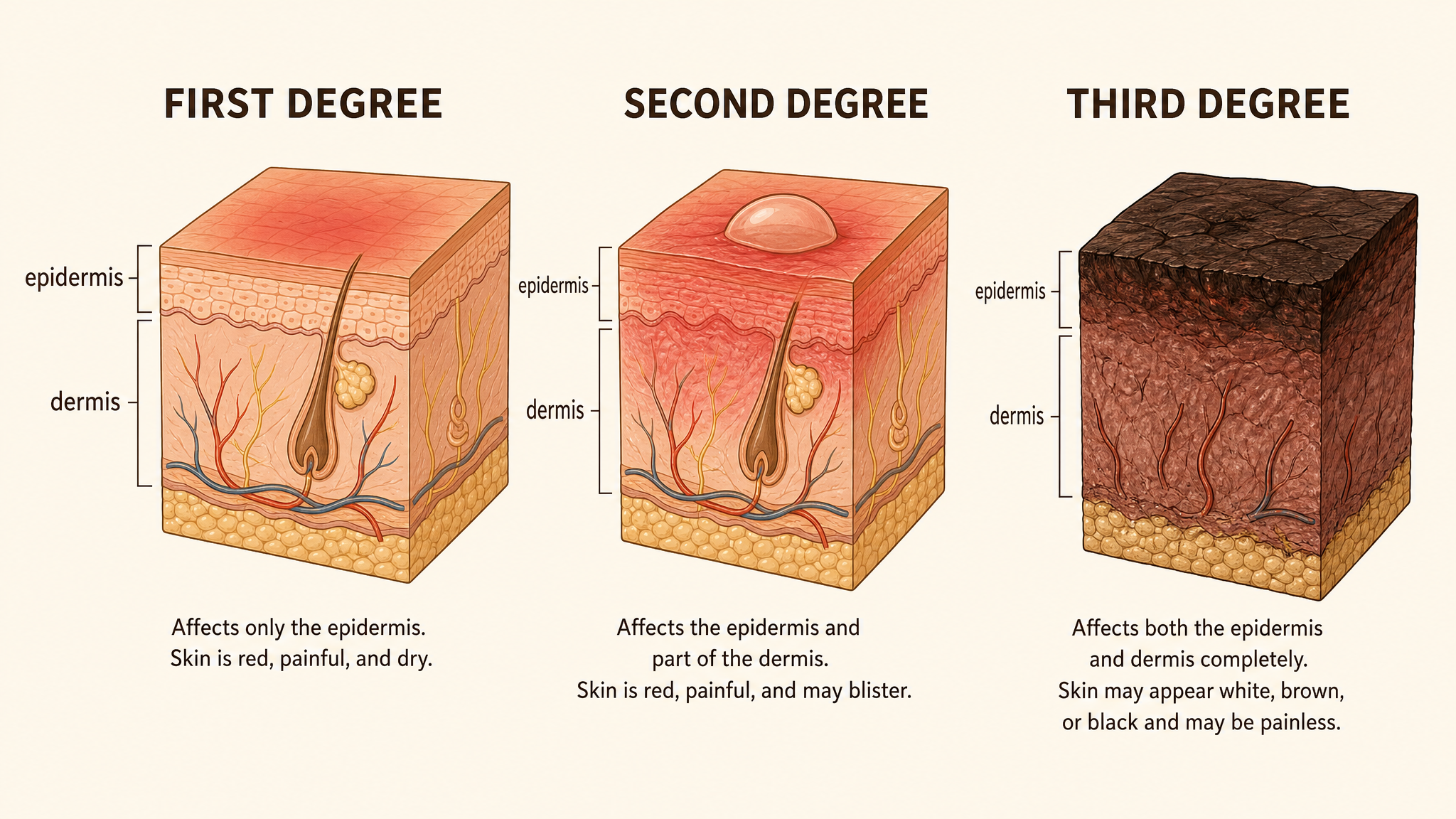 Labeled medical illustration cross-section of skin showing first-degree, second-degree, and third-degree burn depth through the epidermis and dermis layers, clean diagram style with warm earth-tone labels