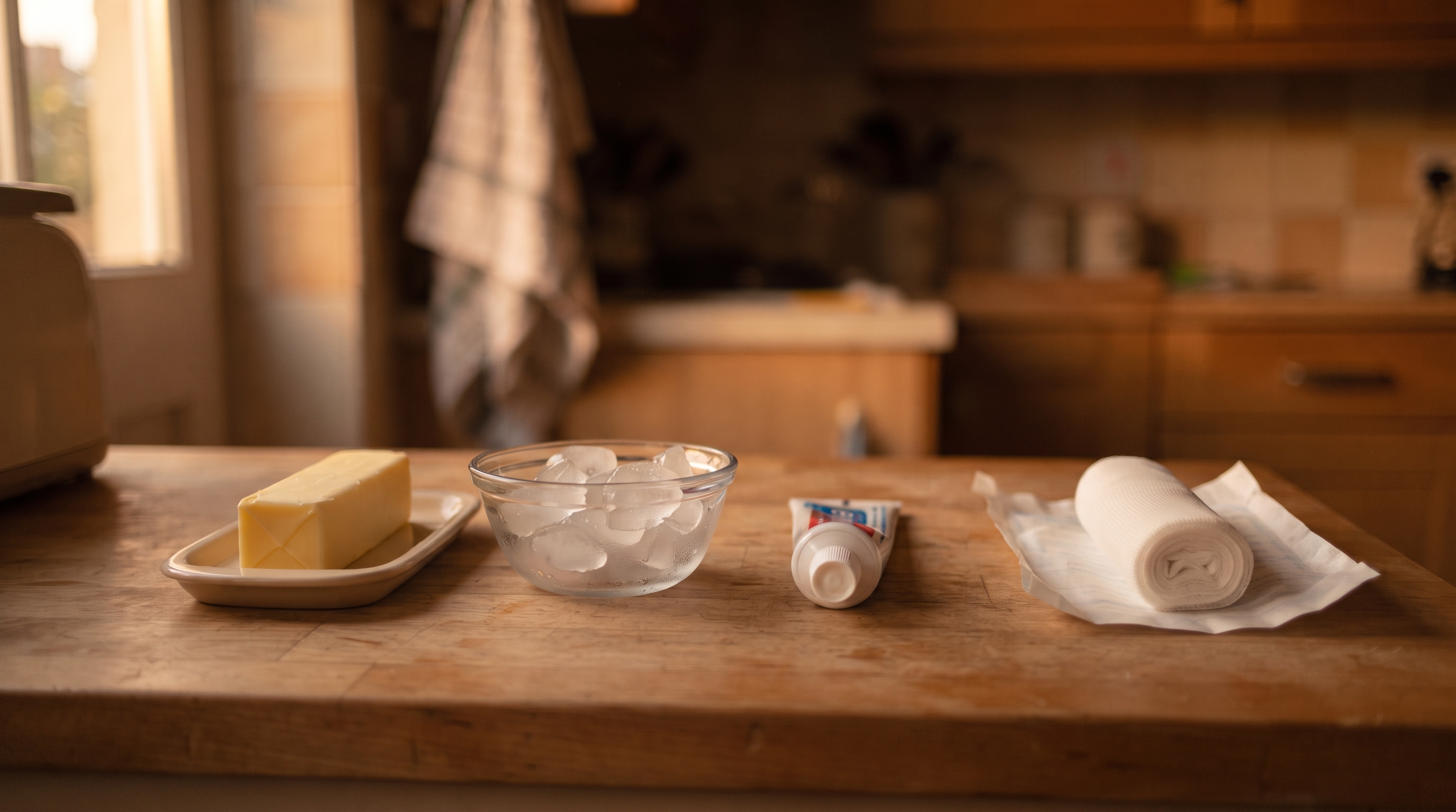 A stick of butter, a bowl of ice cubes, and a tube of toothpaste lined up on a kitchen counter beside a household burn, each item clearly set aside, warm home lighting