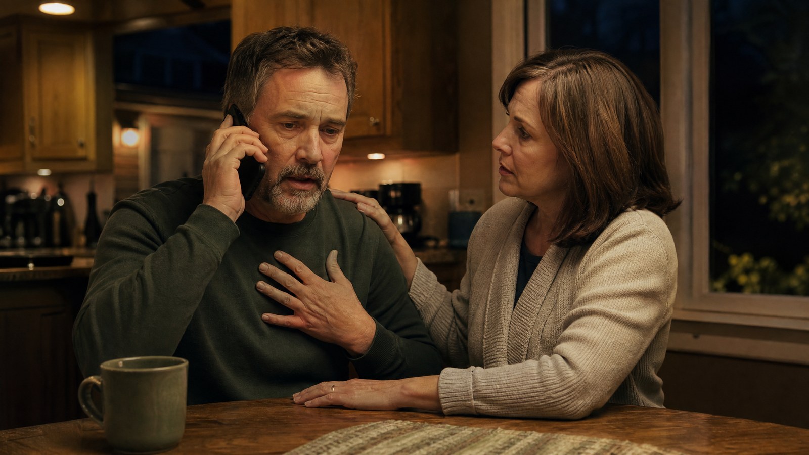 A man in his fifties seated at a kitchen table on the phone with 911 while his wife sits beside him with a hand on his shoulder