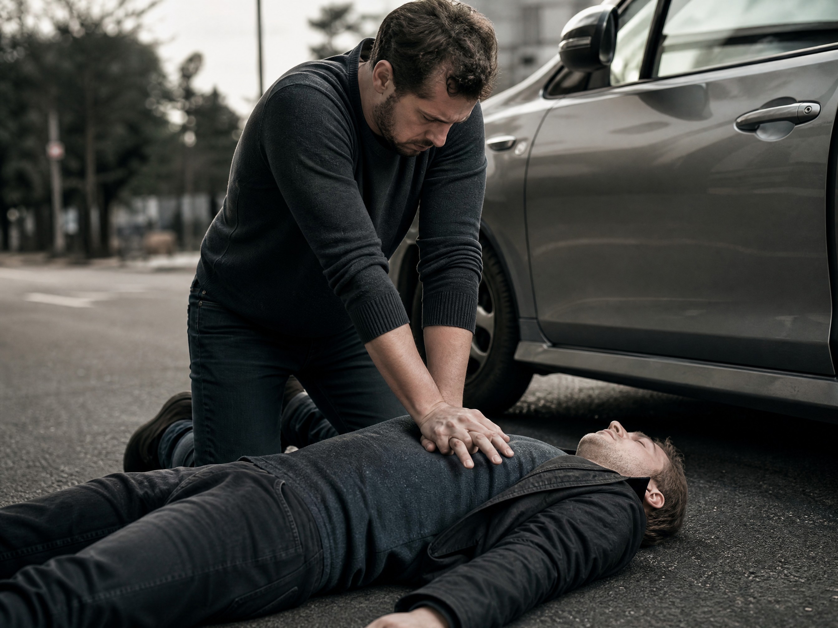 Bystander performing hands-only CPR on unresponsive crash victim beside a vehicle