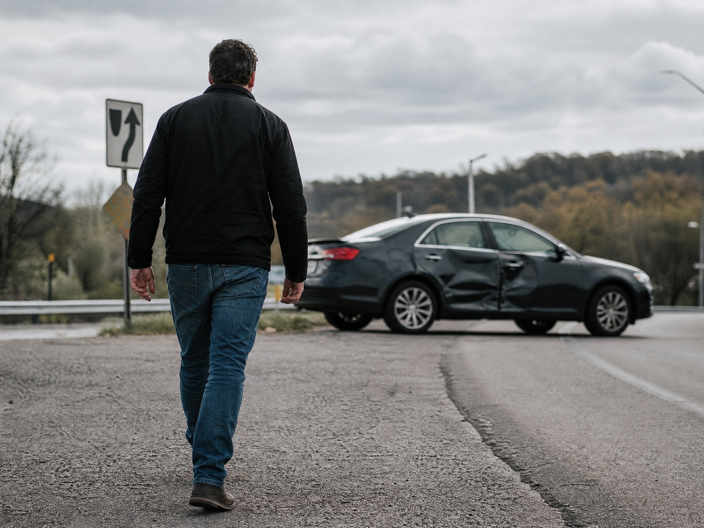 View of a car accident scene with a bystander ready to help