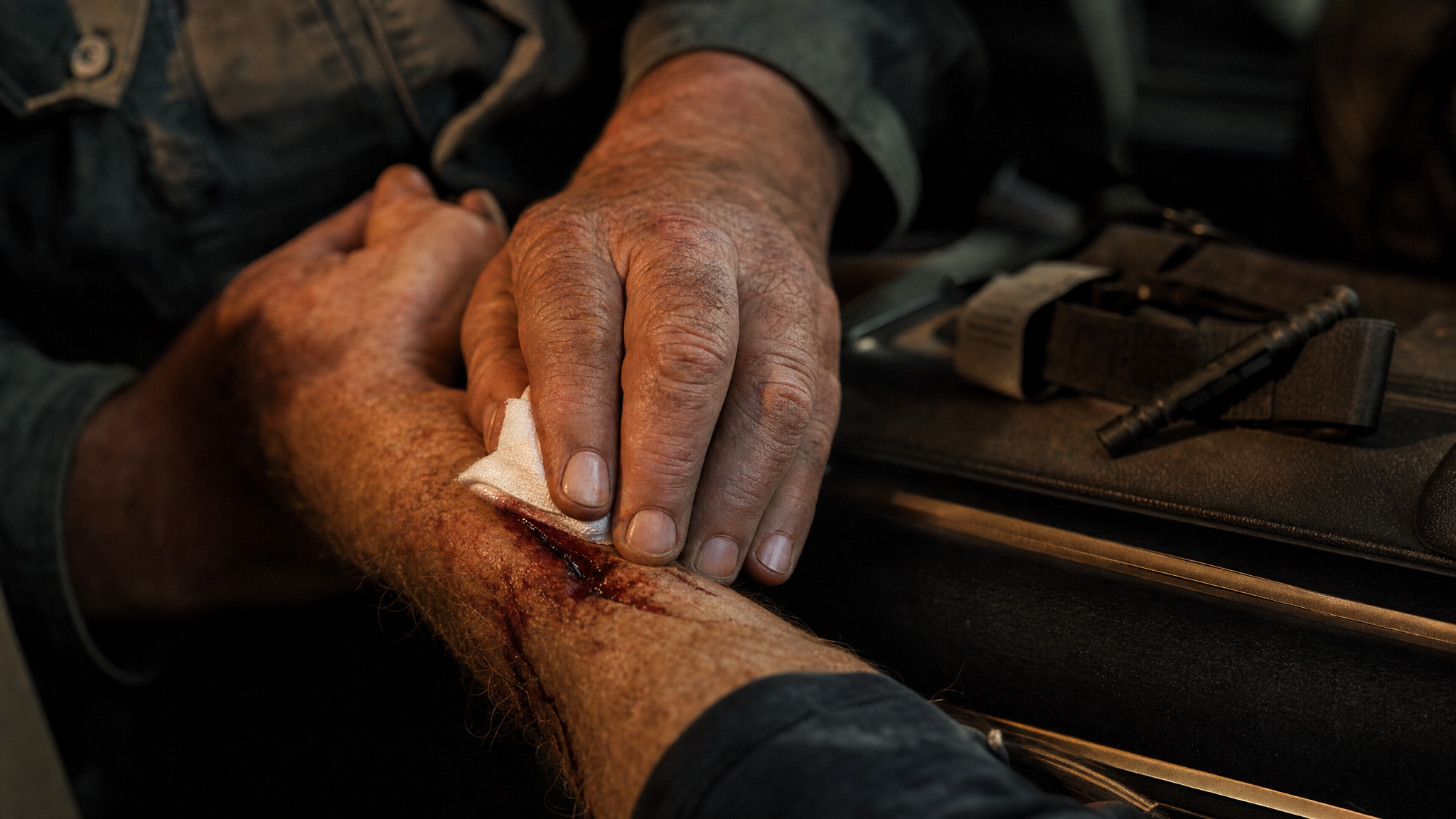 Trauma-grade first aid supplies for a car emergency kit including hemostatic gauze, tourniquet, and wound packing materials