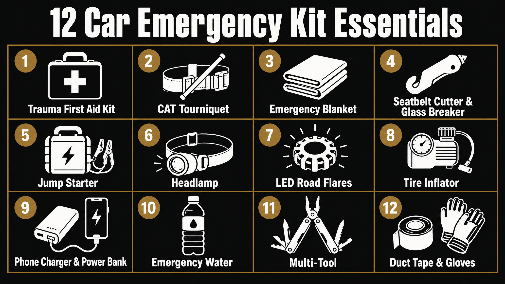 Complete car emergency kit laid out showing all 12 essential items including first aid supplies, escape tools, and roadside equipment