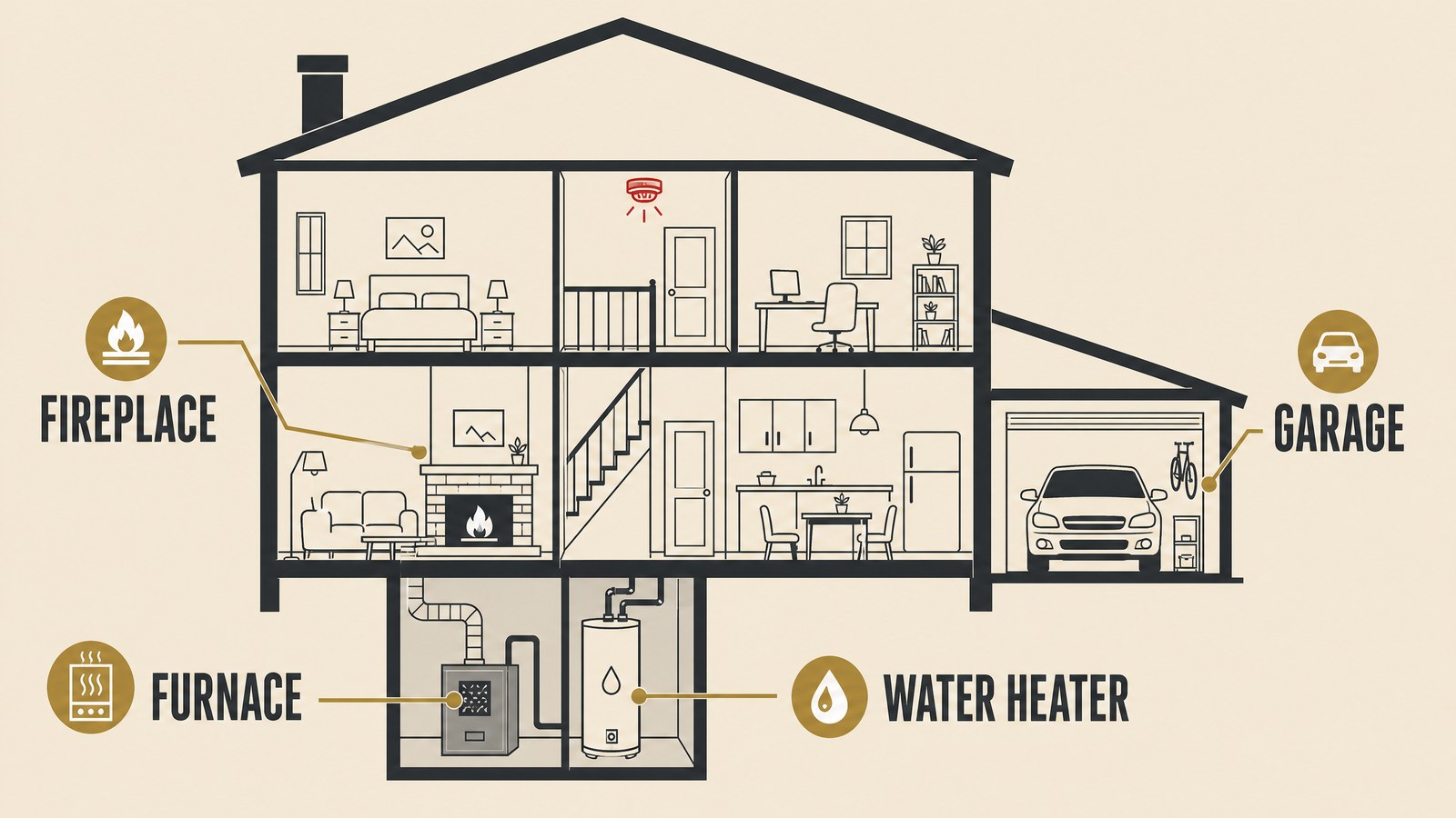 Flat cutaway illustration of a house showing common carbon monoxide sources such as a furnace, water heater, attached garage, and fireplace